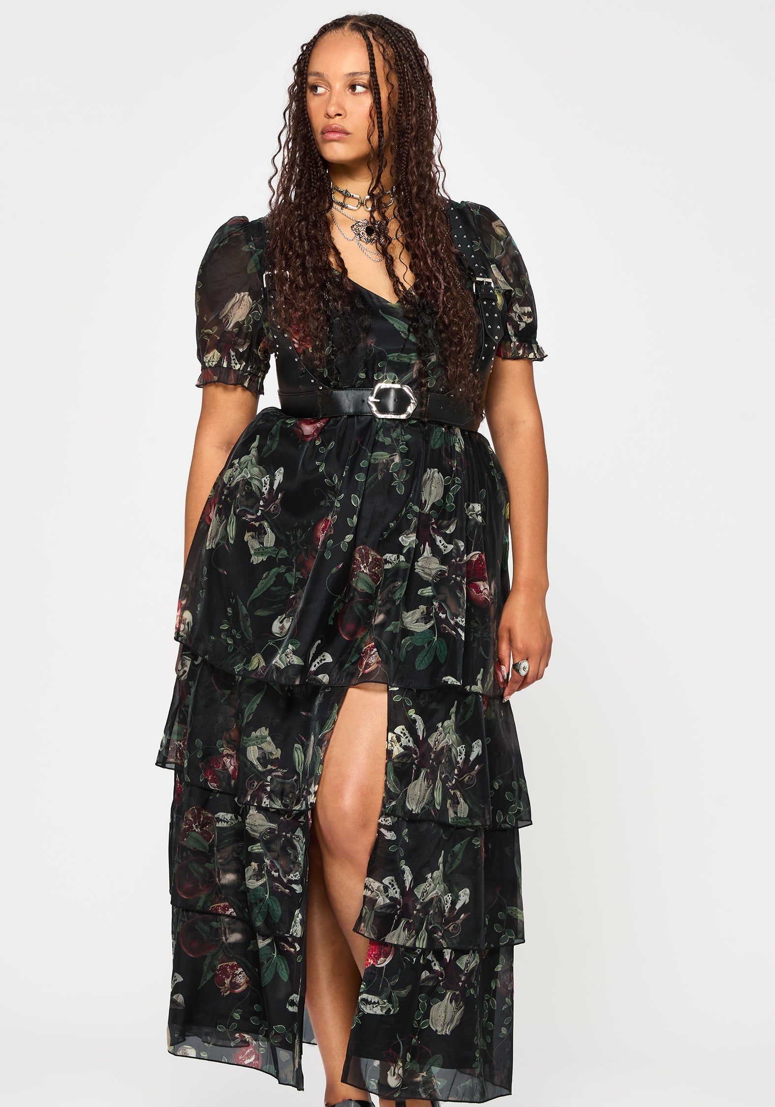 Anara Fruit Print Tiered Gown