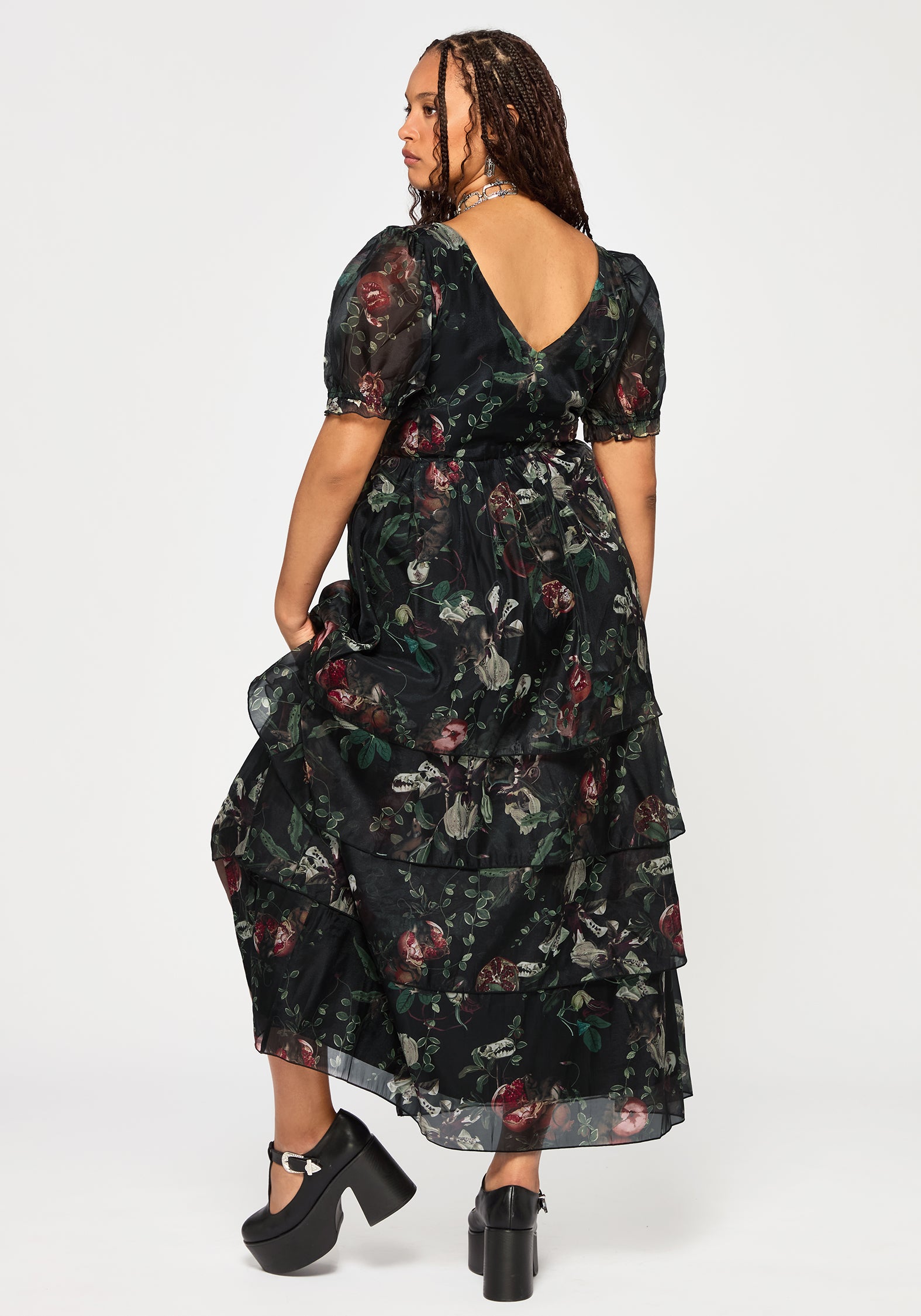 Anara Fruit Print Tiered Gown