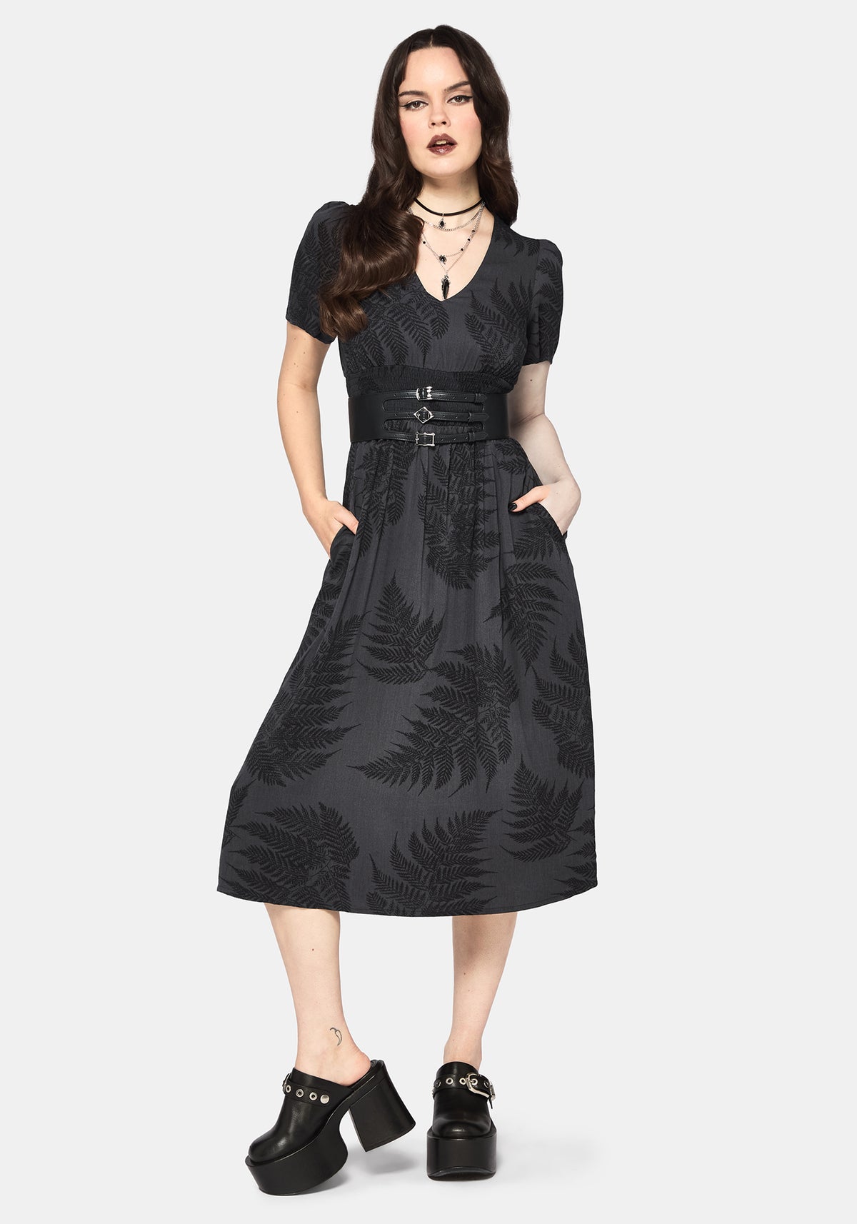 Ruin Farn Bedruckt Midi Kleid - Grau