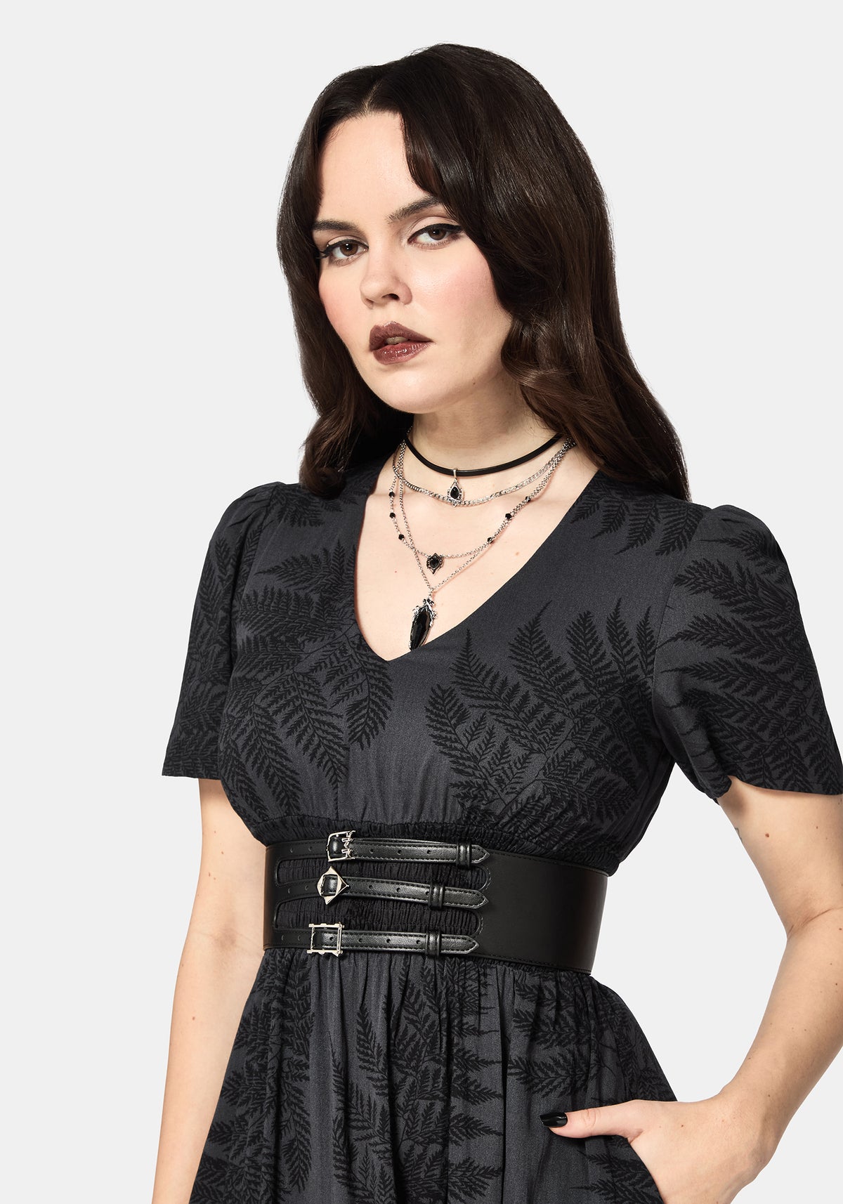 Ruin Farn Bedruckt Midi Kleid - Grau