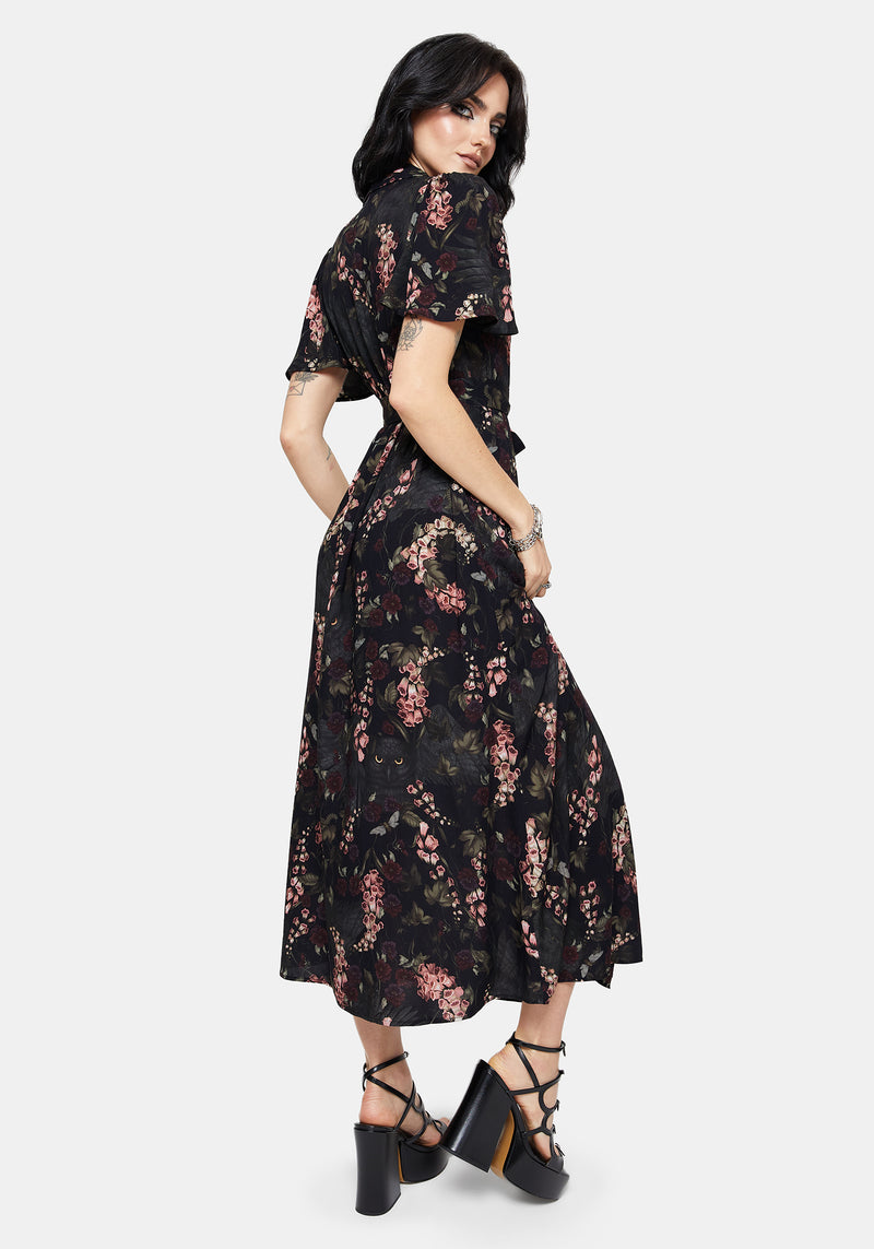 Noctua Midnight Owl Foxglove Printed Wrap Midaxi Shirt Dress