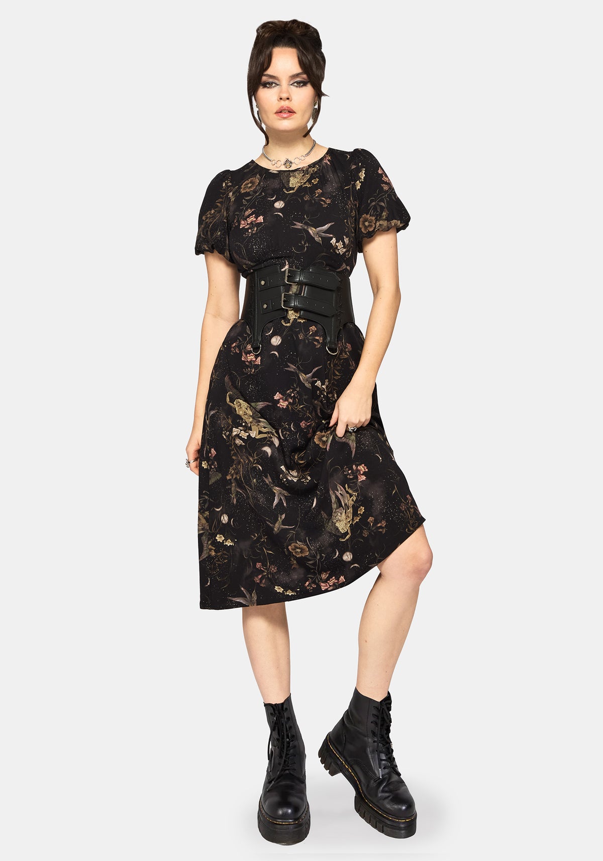 Harpyiai Druck Puffärmel Ärmel Midi Kleid