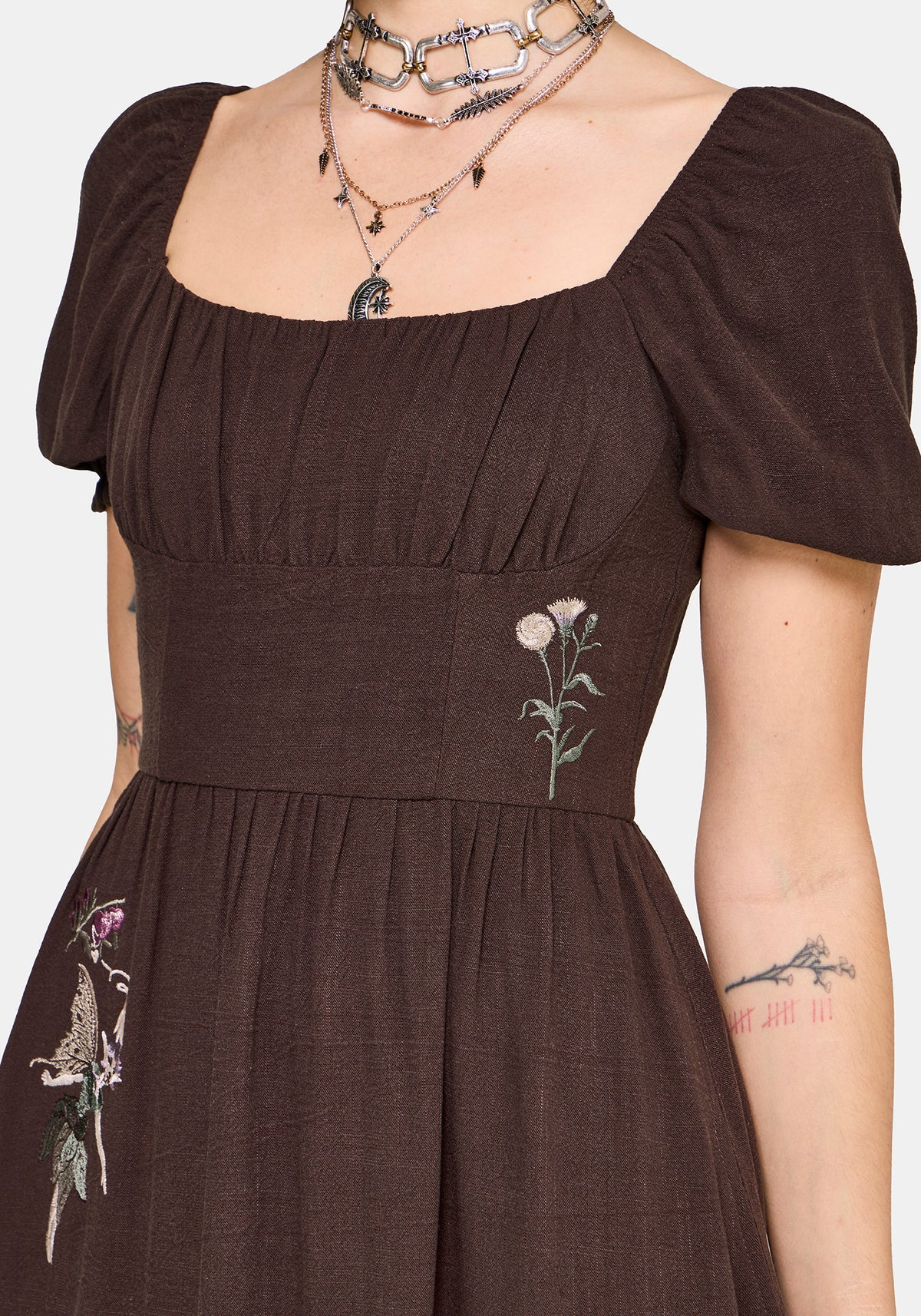 Faela Fairy Embroidered Milkmaid Ruched Midi Dress EU 34