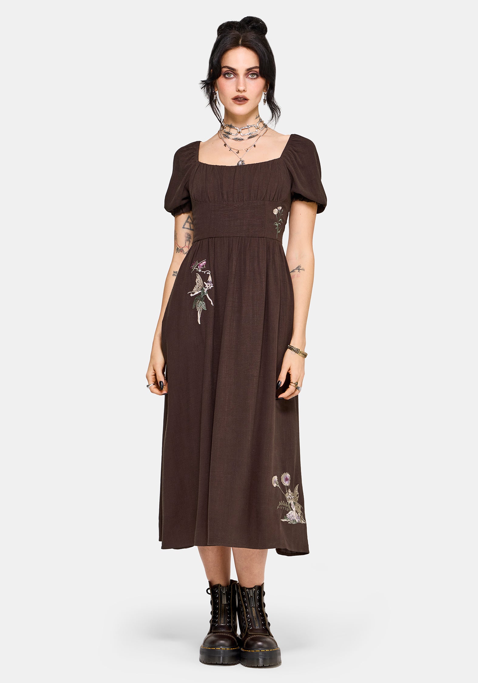 Faela Fairy Embroidered Milkmaid Ruched Midi Dress EU 34