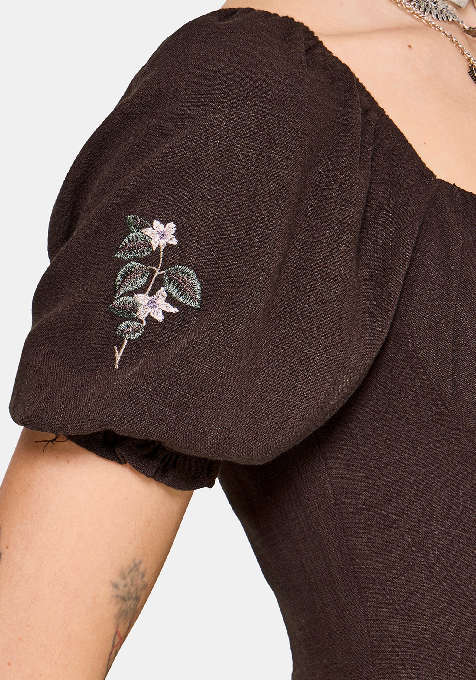 Faela Fairy Embroidered Milkmaid Ruched Midi Dress EU 34