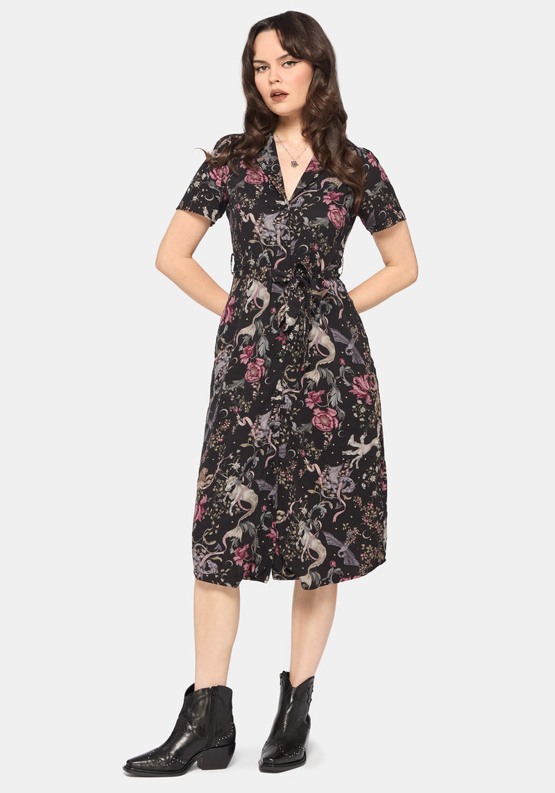 Merunicorn Enchanted Forest Print Midi Shirt Dress