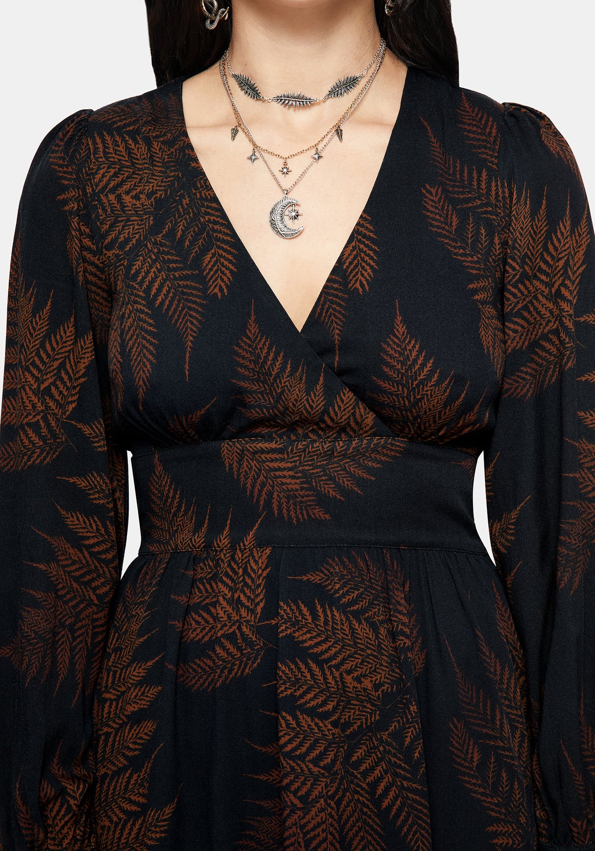 Ruin Fern Printed V-Neck Mini Dress - Brown