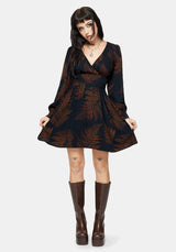 Ruin Fern Printed V-Neck Mini Dress - Brown