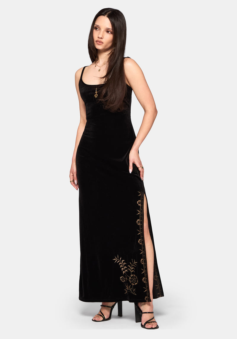 Kobra Embroidered Velour Maxi Slip Dress – Disturbia