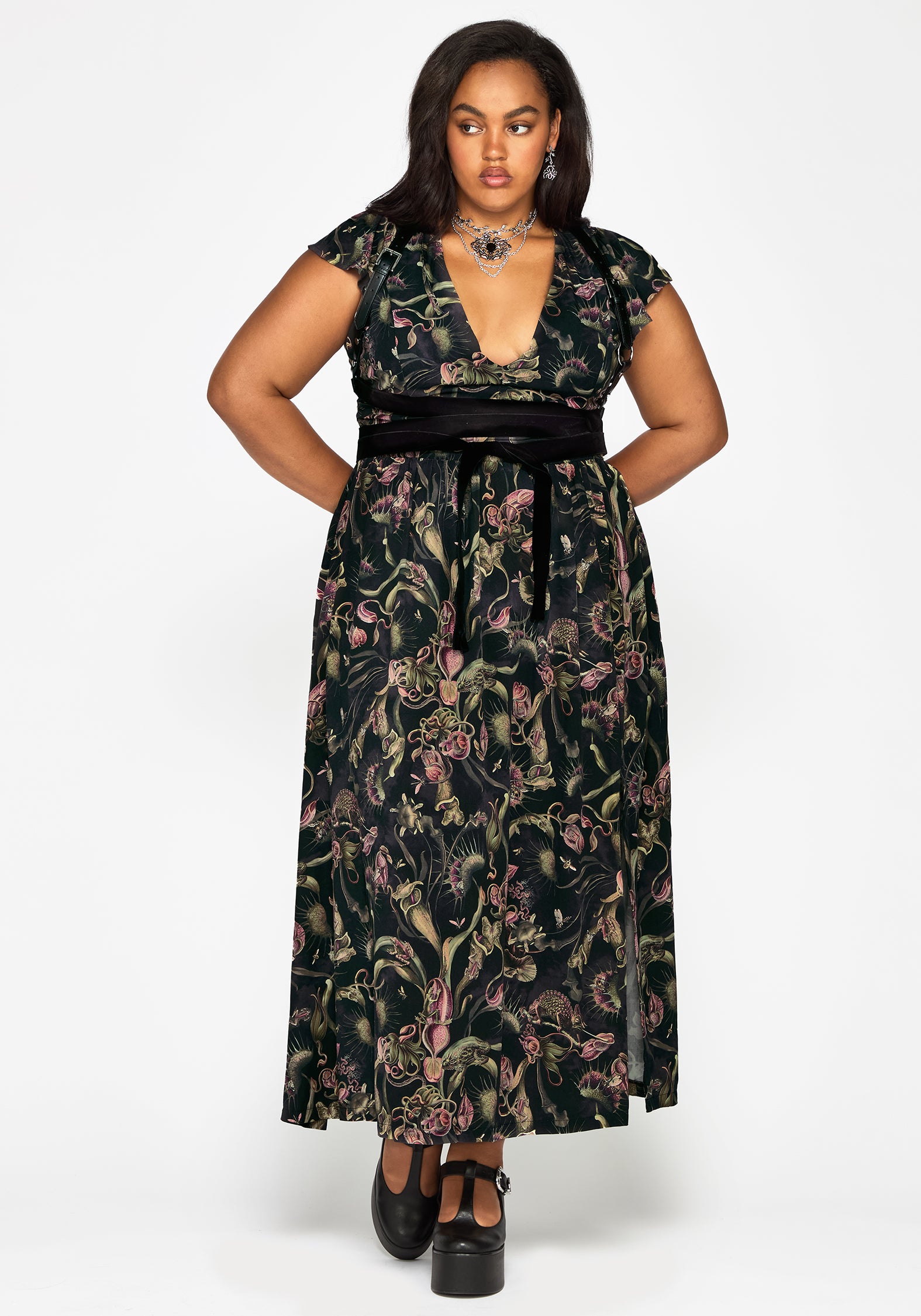 Dionaea Flytrap Print Plunge Maxi Dress