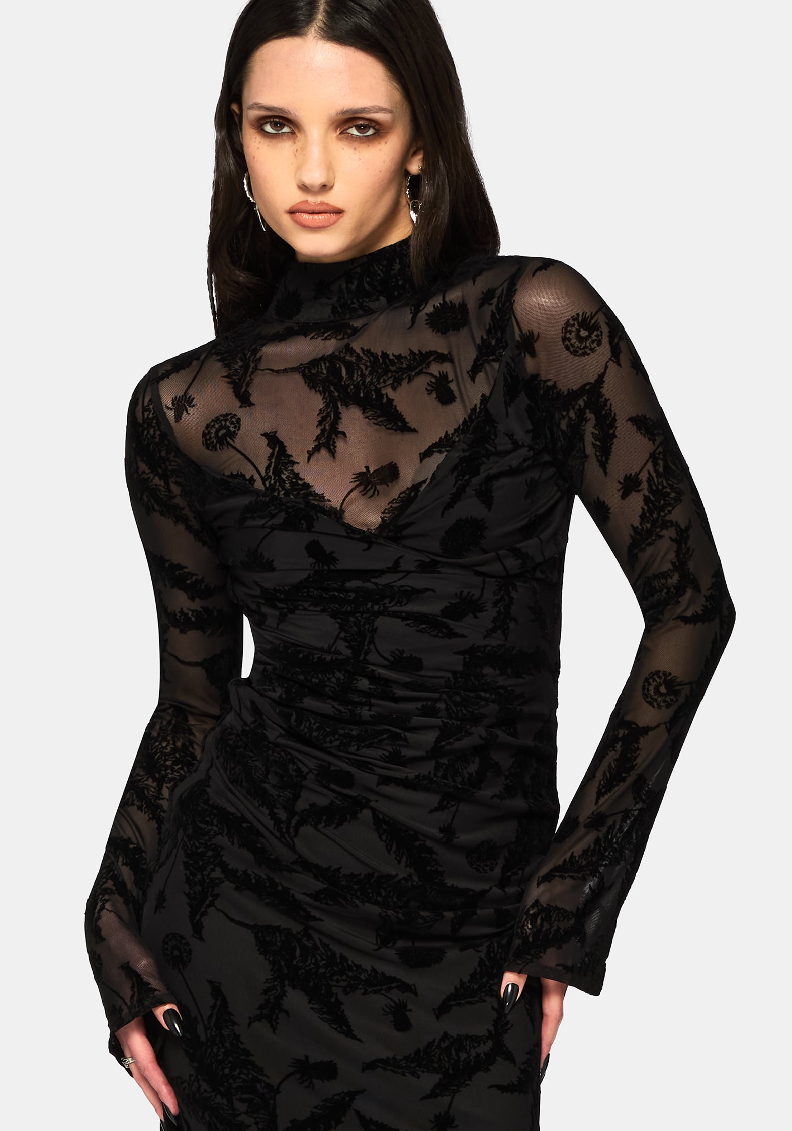 Cimora Dandelion Flocked Mesh Ruched Midaxi Dress