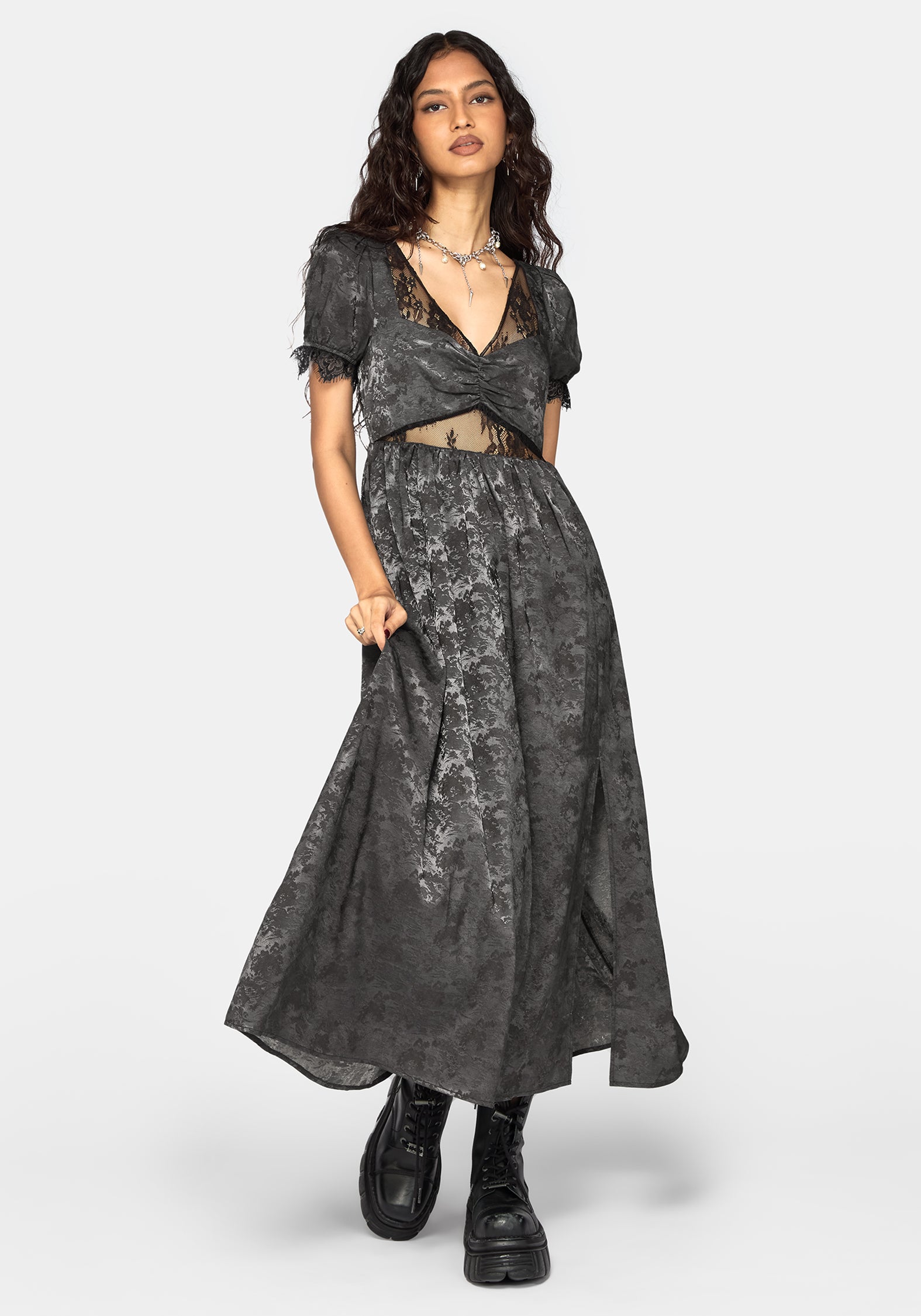 Lili Jacquard Lace Insert Ruched Bust Midi Dress