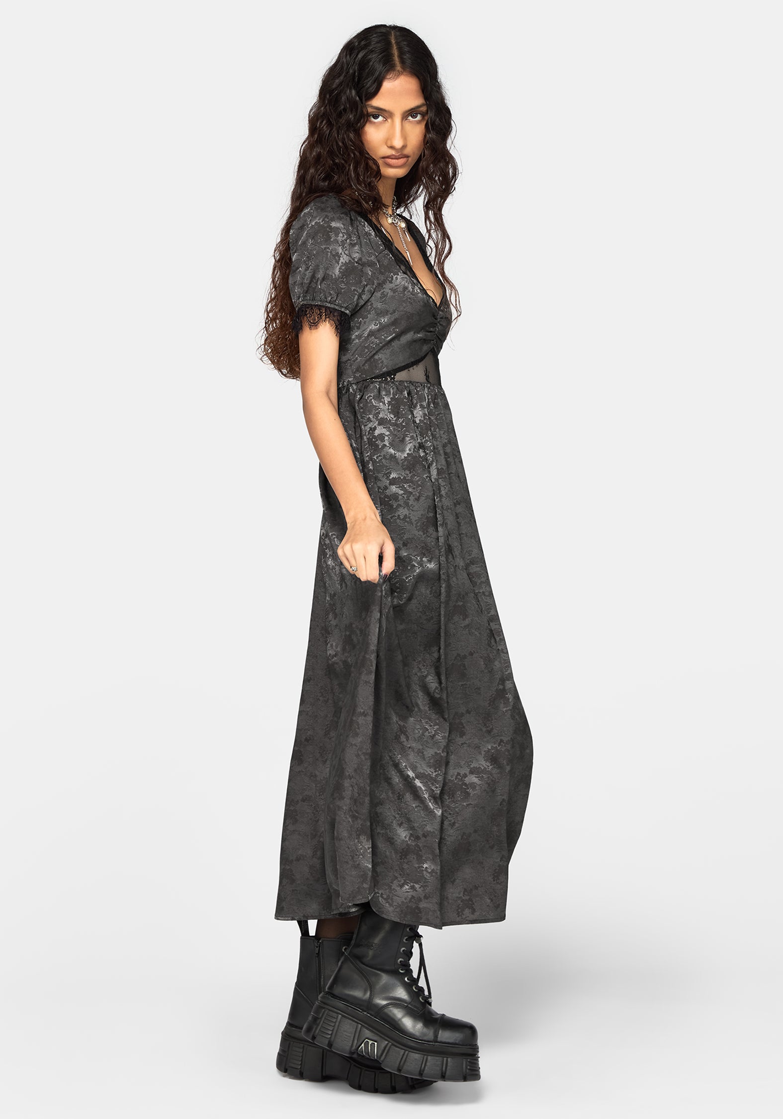 Lili Jacquard Lace Insert Ruched Bust Midi Dress