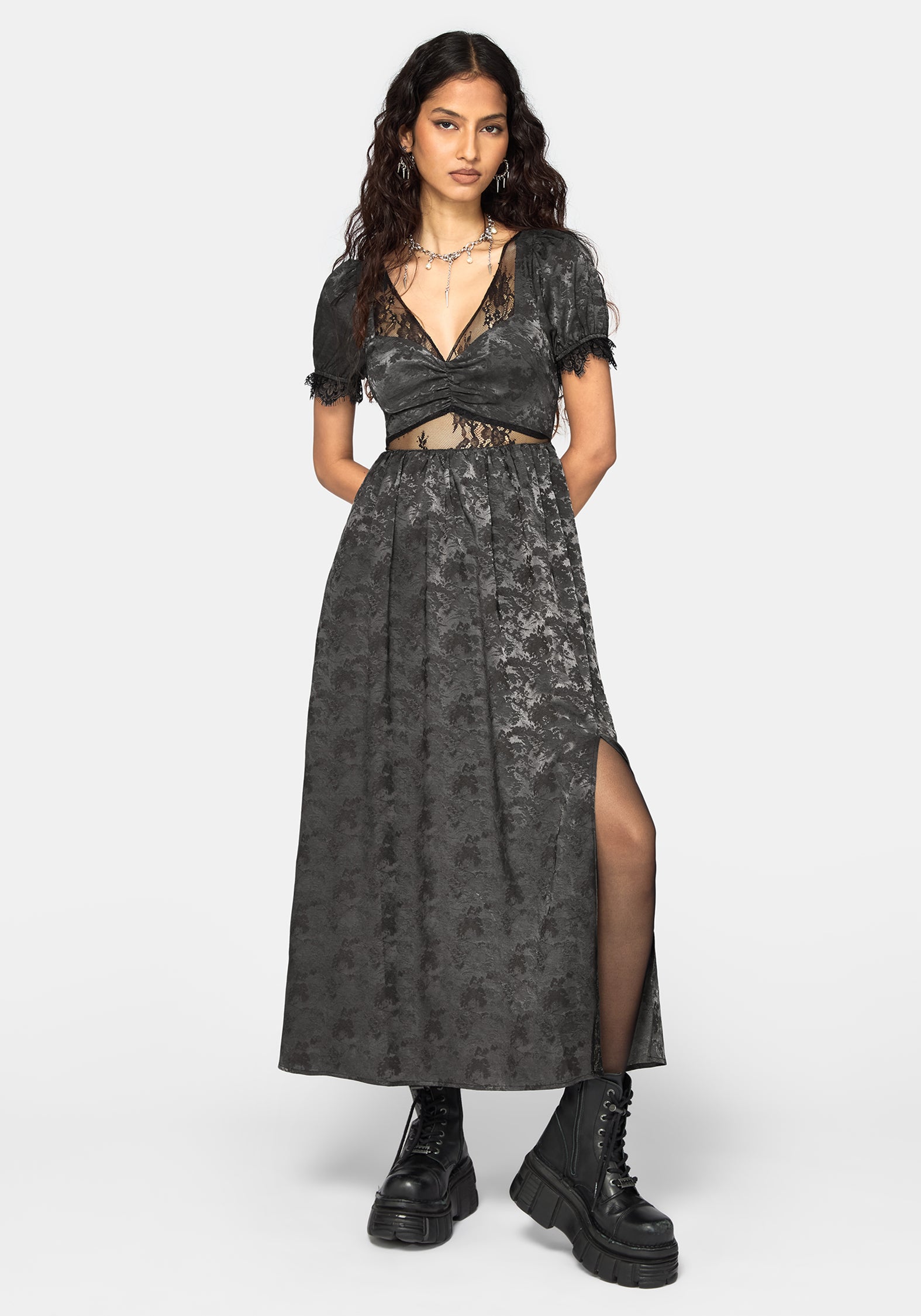 Lili Jacquard Lace Insert Ruched Bust Midi Dress