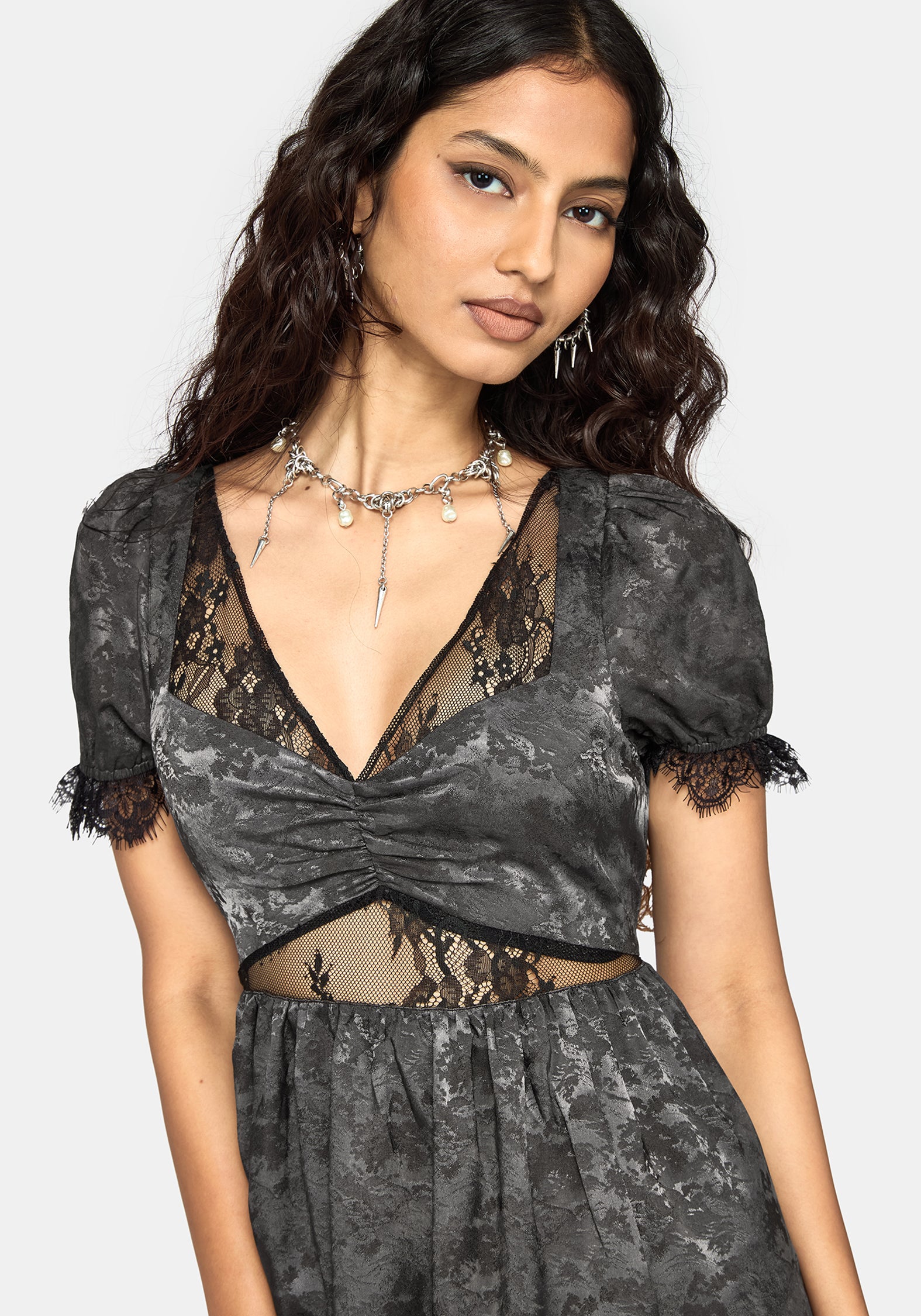 Lili Jacquard Lace Insert Ruched Bust Midi Dress