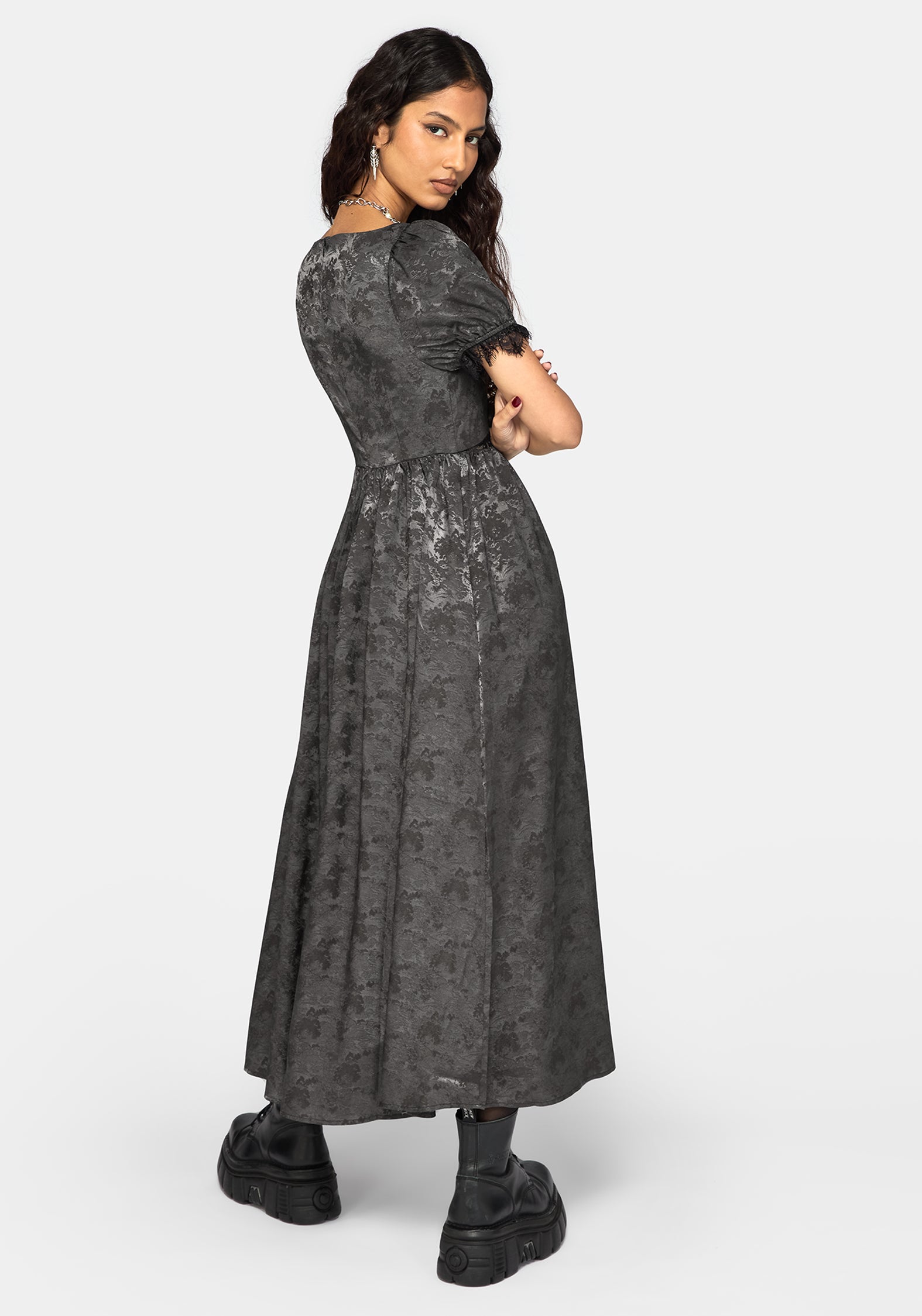 Lili Jacquard Lace Insert Ruched Bust Midi Dress