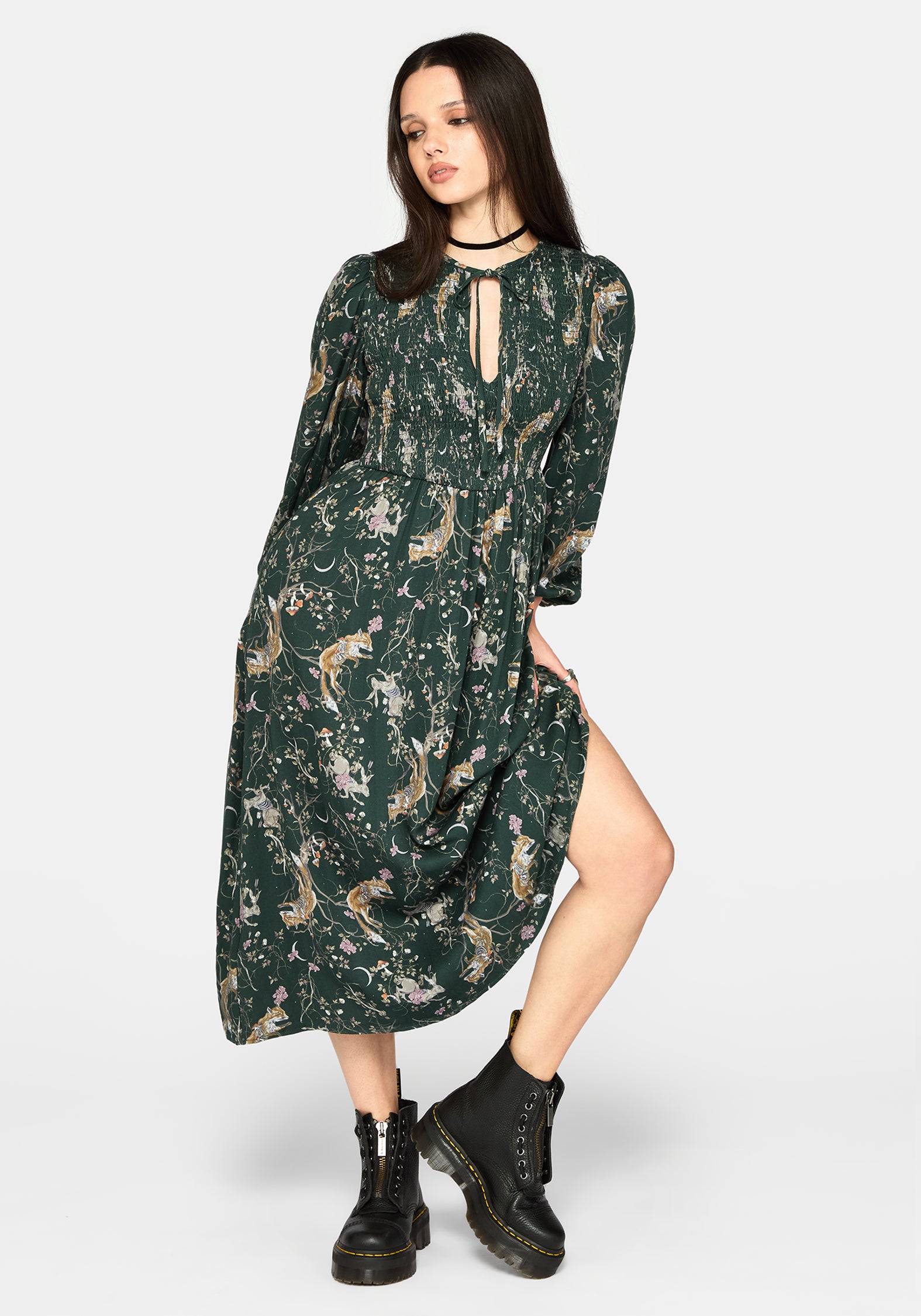 Renard Print Smocked Keyhole Midi Dress