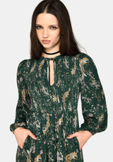 Renard Print Smocked Keyhole Midi Dress
