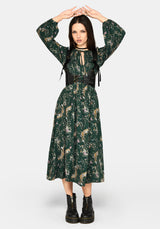 Renard Print Smocked Keyhole Midi Dress