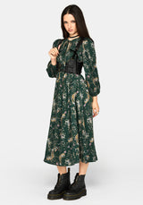 Renard Print Smocked Keyhole Midi Dress