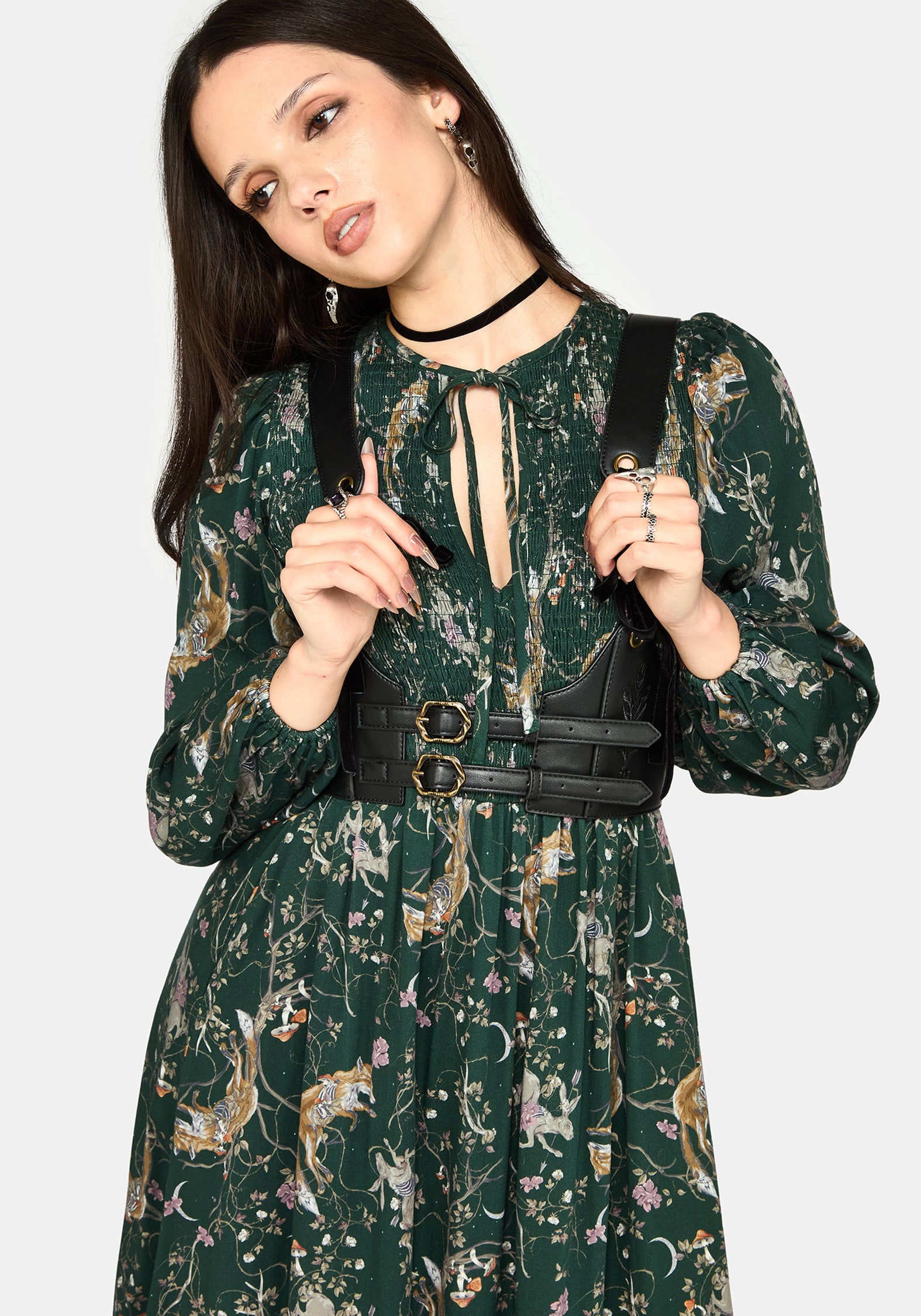 Renard Print Smocked Keyhole Midi Dress