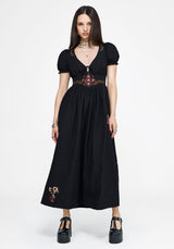 Arianwen Embroidered Puff Sleeve Midaxi Dress - Black