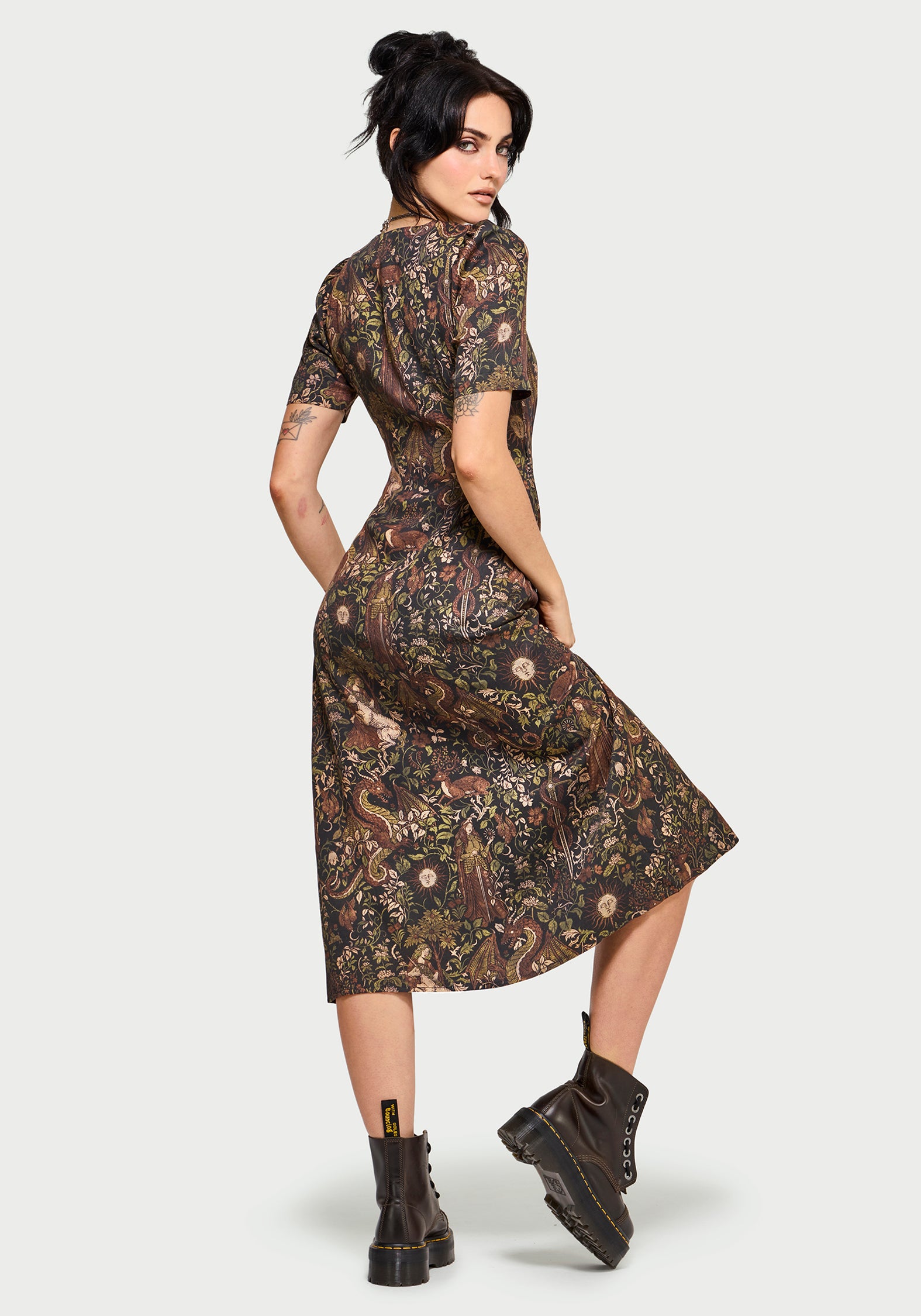 Haunt Mittelalterlich Druck Wickel Midi Hemd Kleid
