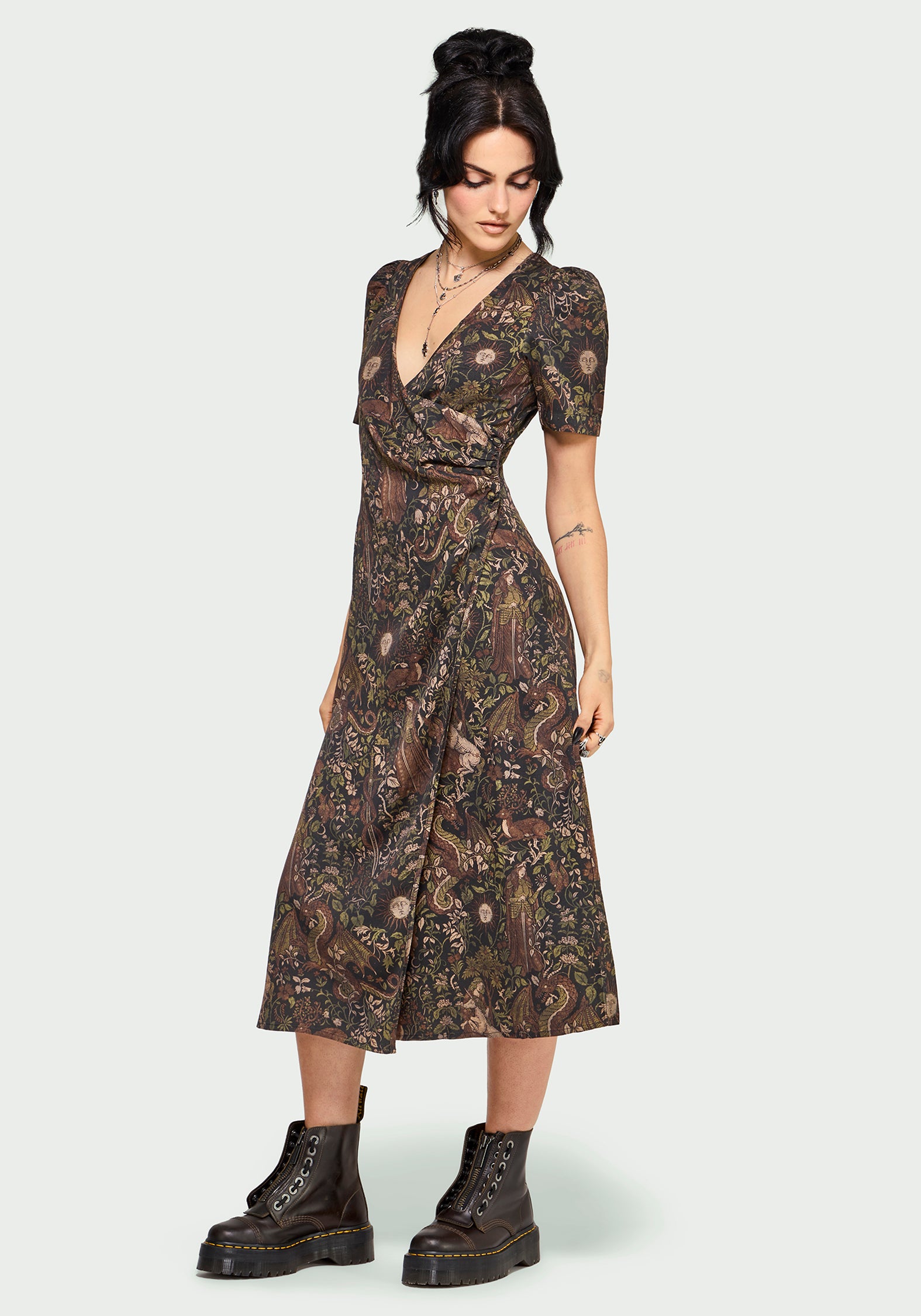 Haunt Mittelalterlich Druck Wickel Midi Hemd Kleid