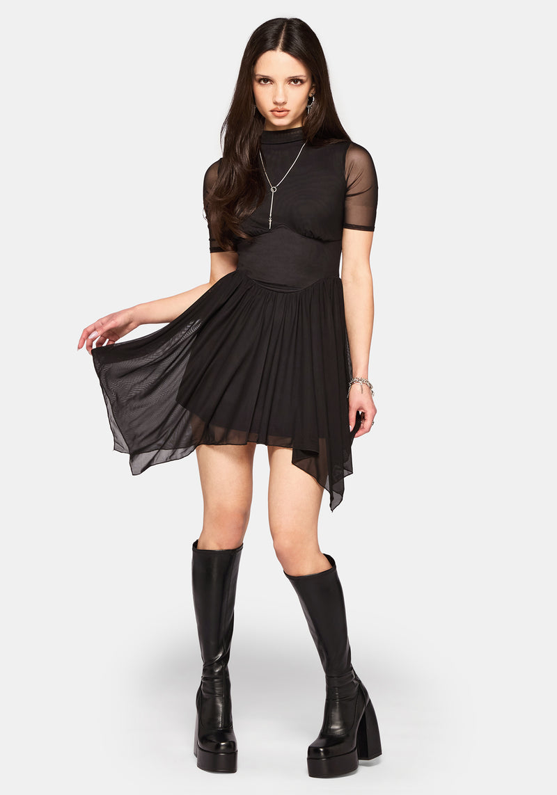 cowl neck handkerchief hem mini dress in black Elinor Mesh Handkerchief Hem Mini Dress – Disturbia