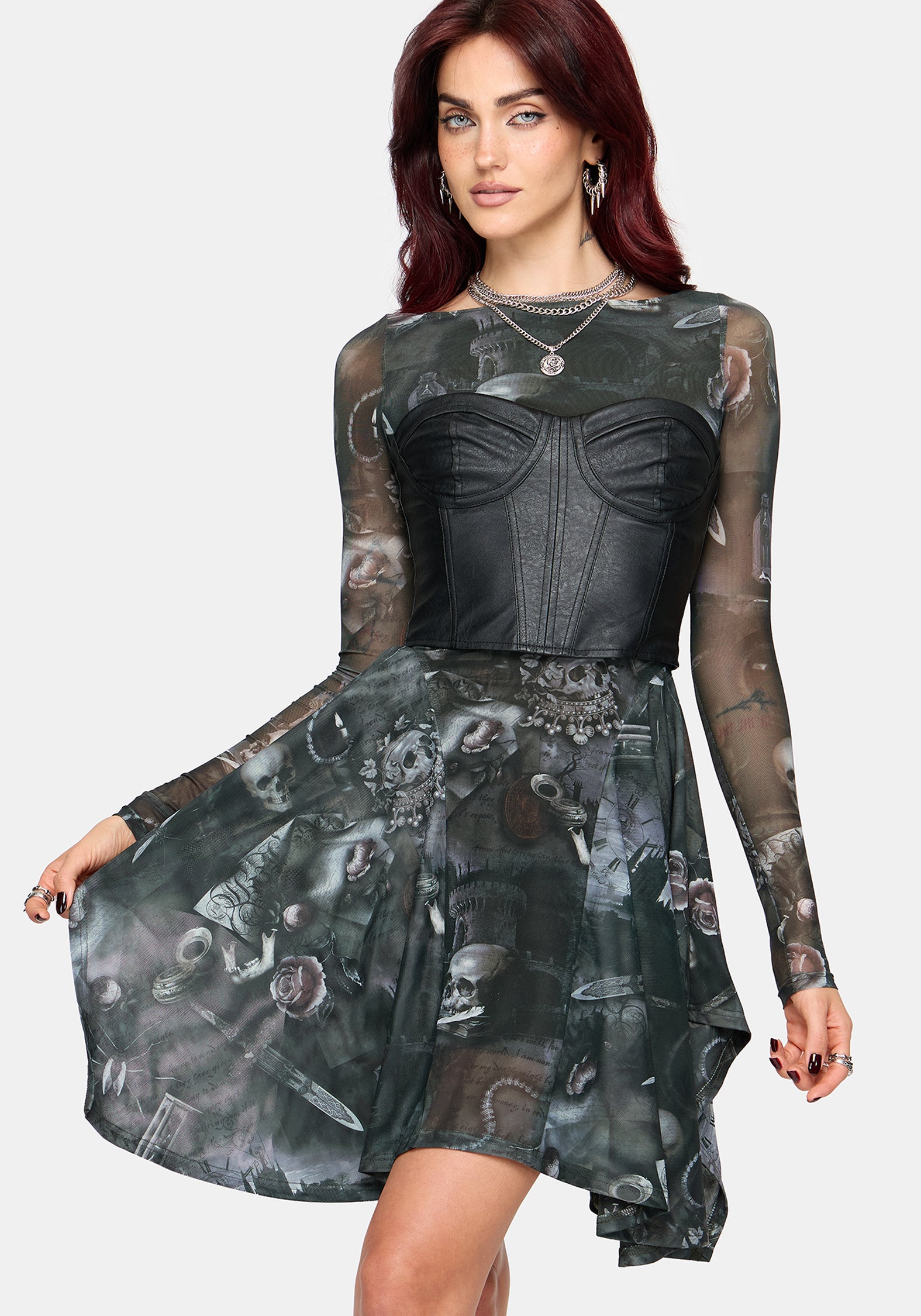 Nox Print Mesh Panelled Skirt Mini Dress