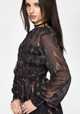 Ember Moth Print Chiffon Shirred Mini Dress