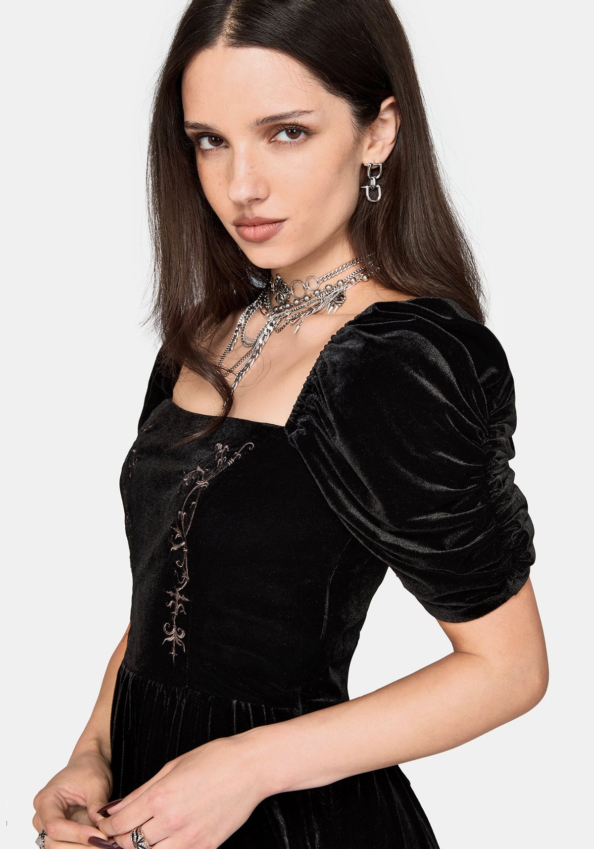 Rasque Embroidered Ruched Sleeve Velour Mini Dress