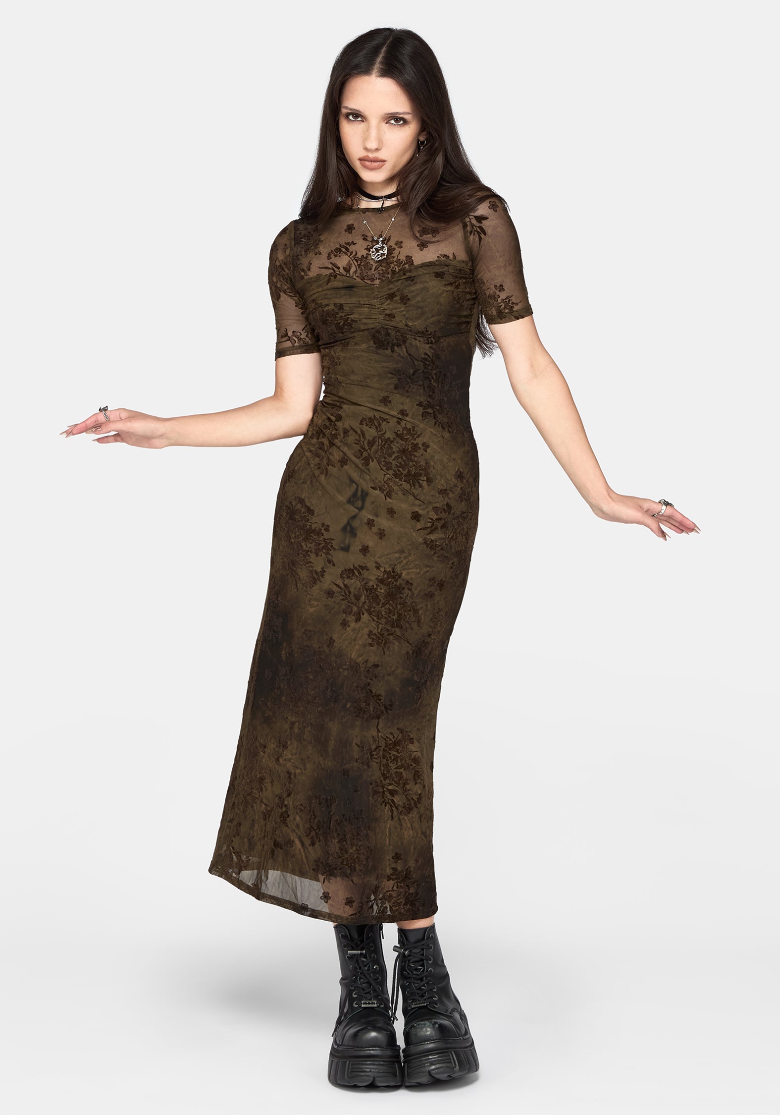 Zuri Flocked Ruched Bust Midi Dress