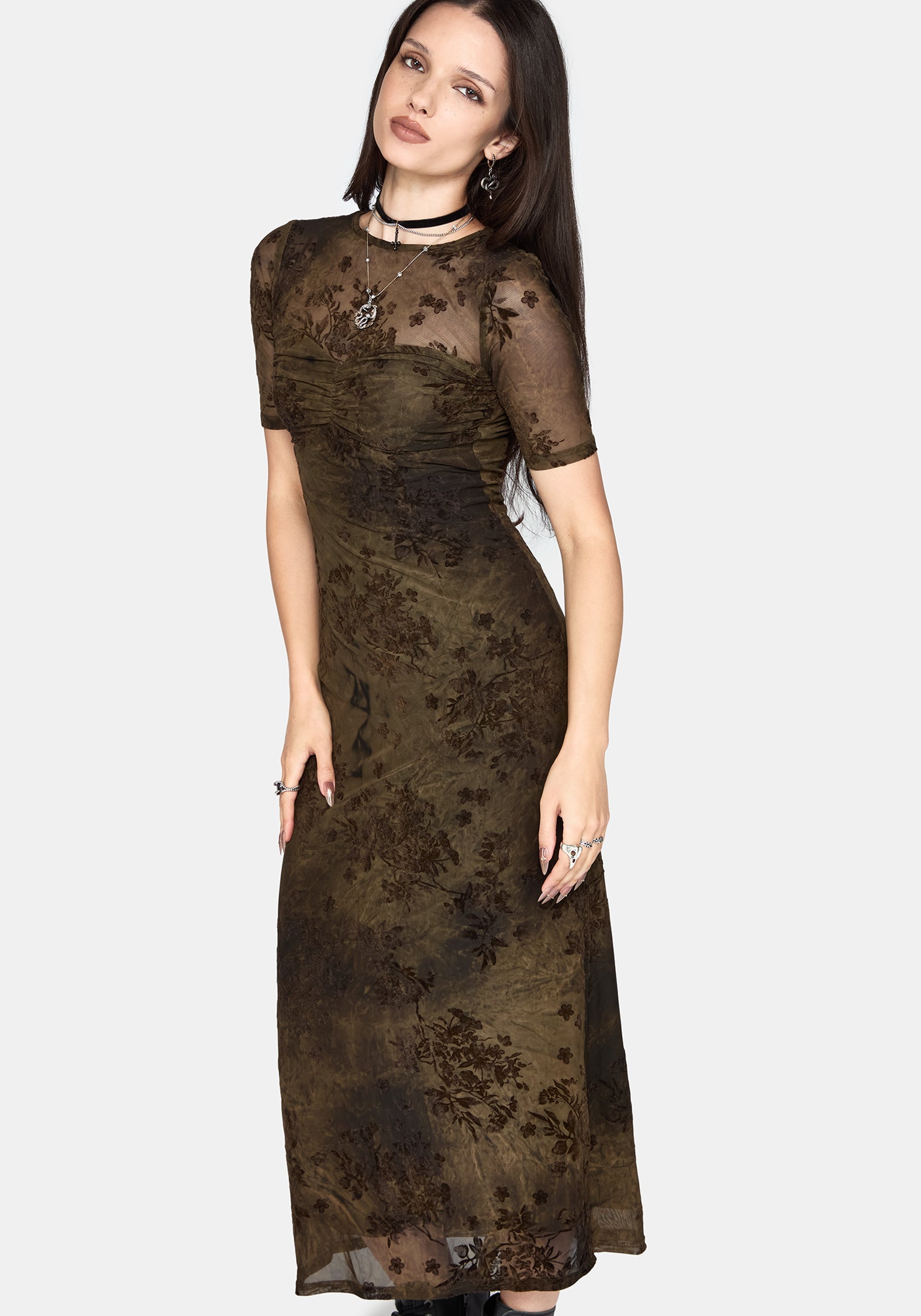 Zuri Flocked Ruched Bust Midi Dress