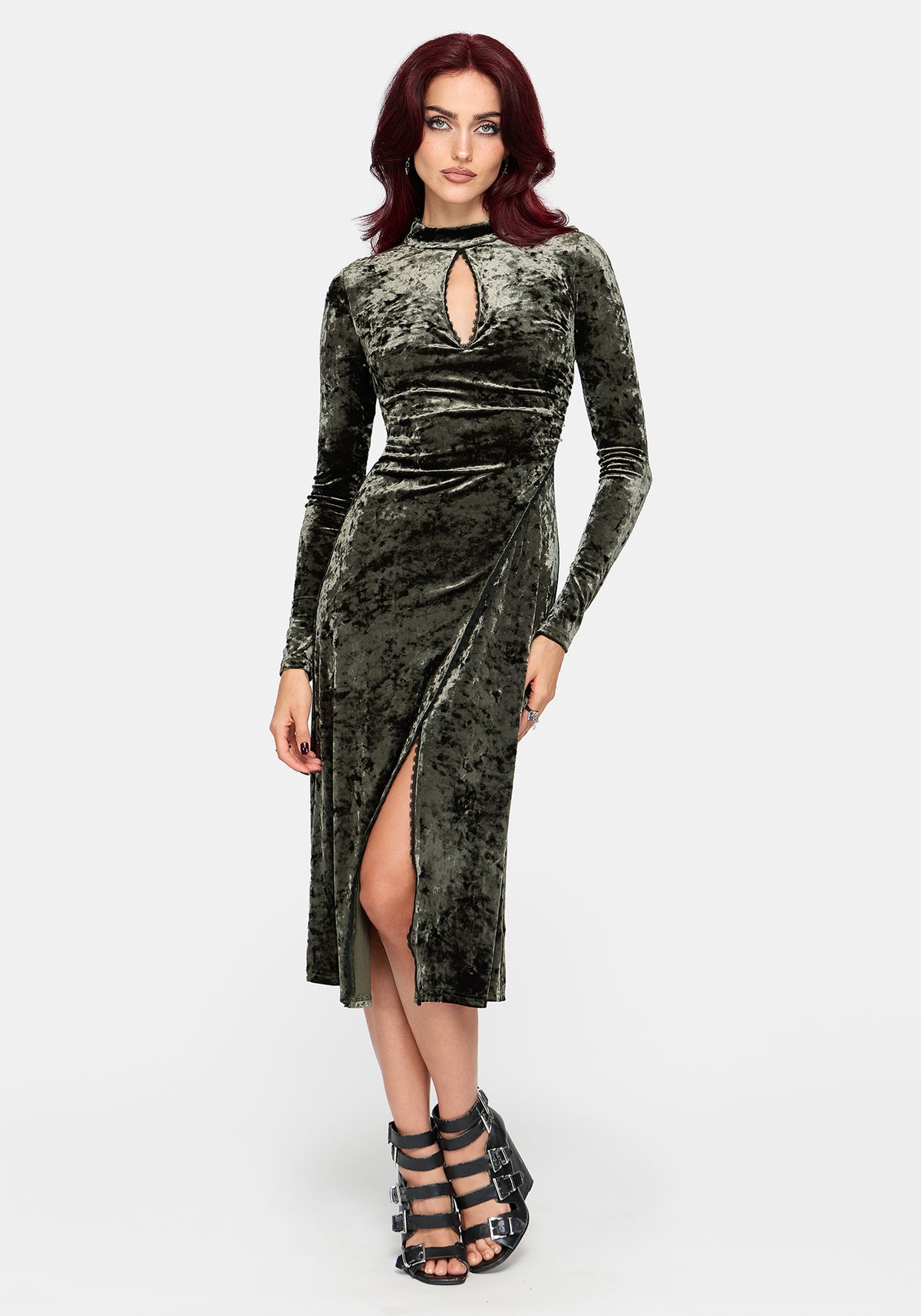 Nellie Green Velour Lace Trim Midi Dress EU 34