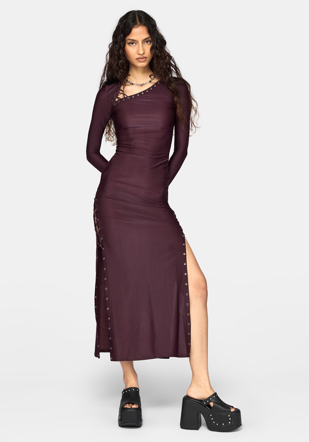 Delphine Asymmetric Lace-Up Shoulder Midaxi Dress