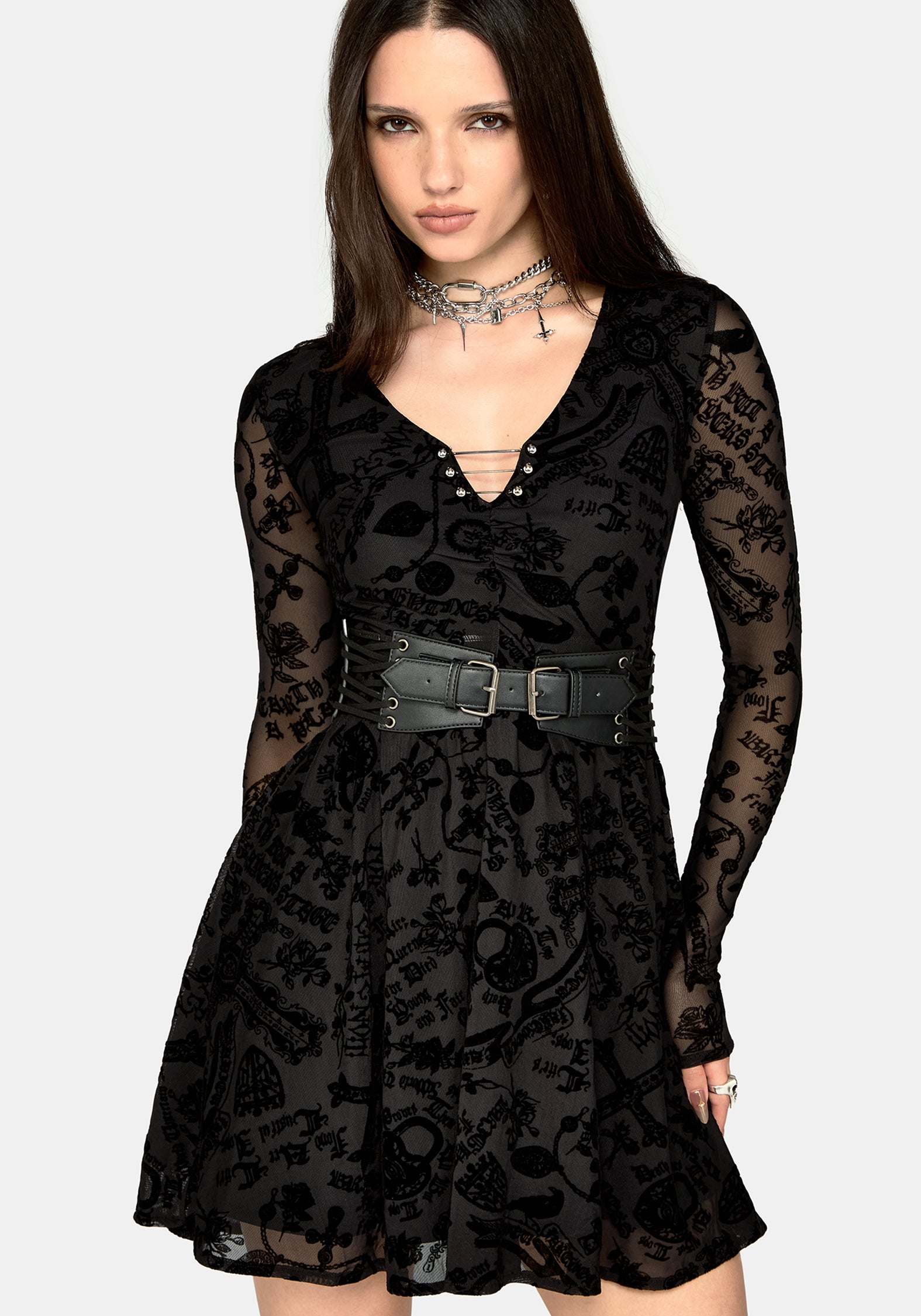 Sanct Flocked Mesh Long Sleeve Mini Dress