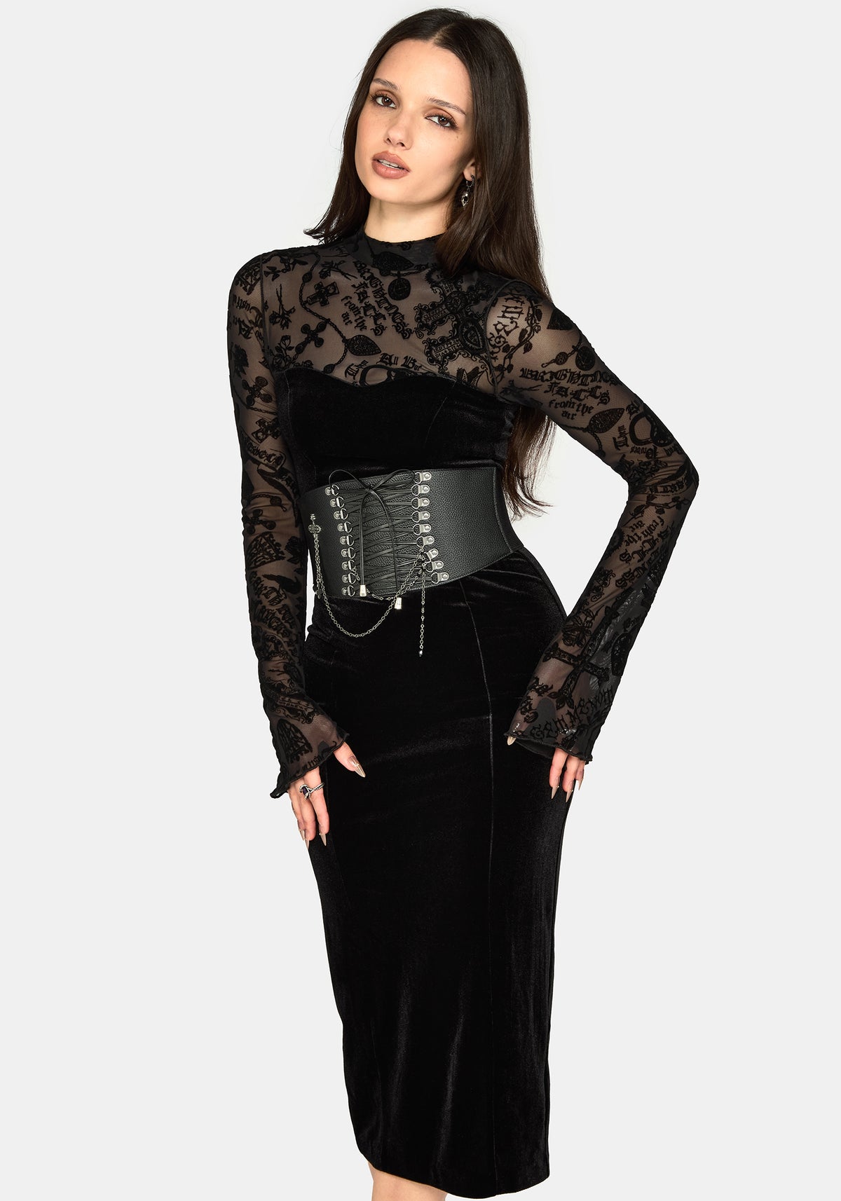 Sanct Flocked Bodycon Velour Midi Dress