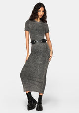 A woman modeling a short-sleeve, crew-neck, acid-wash gray maxi dress with a black belt featuring silver buckle details, paired with black platform combat boots, against a light gray studio background.