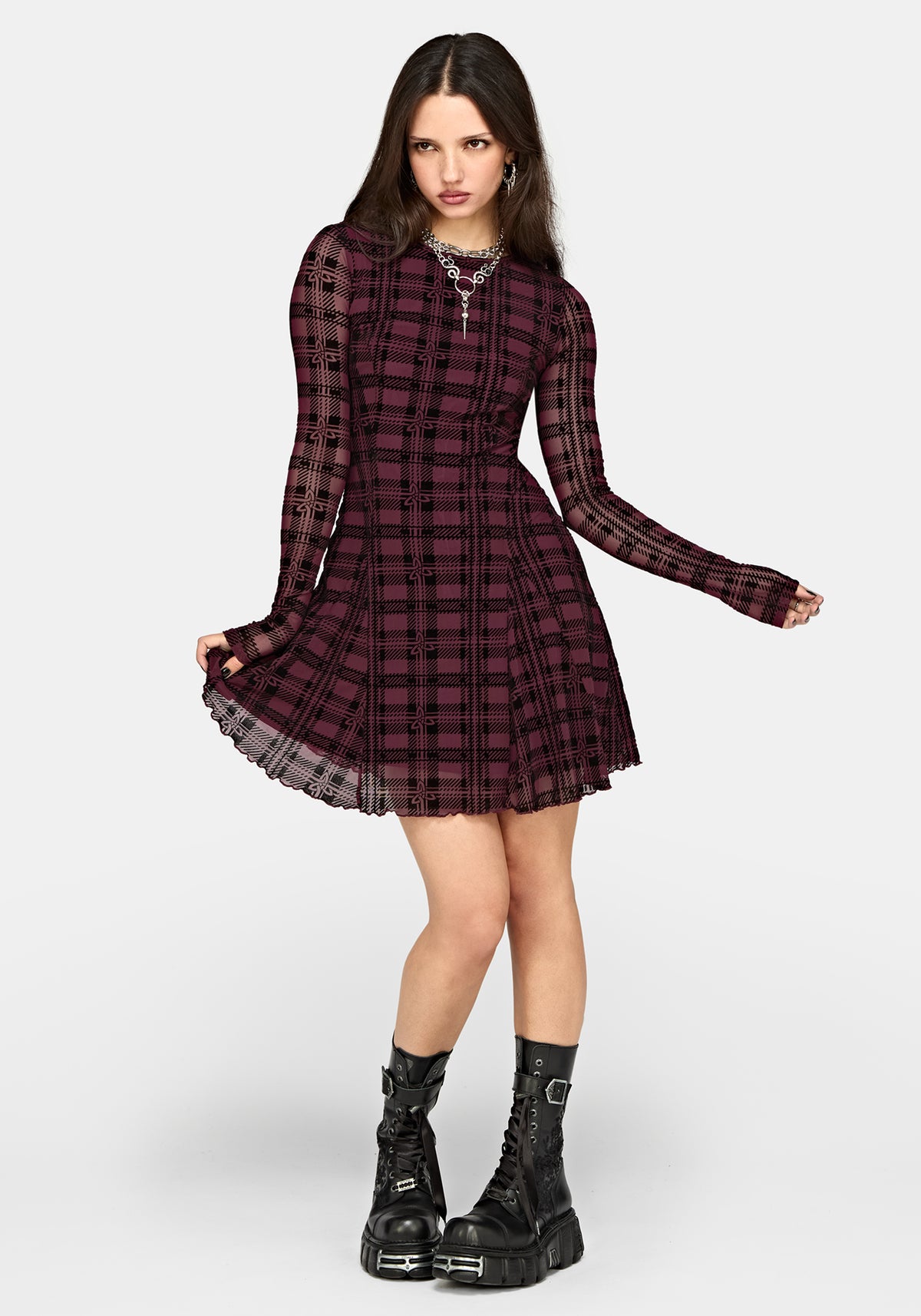 Vesica Flocked Witches Knot Godet Mini Dress - Burgundy