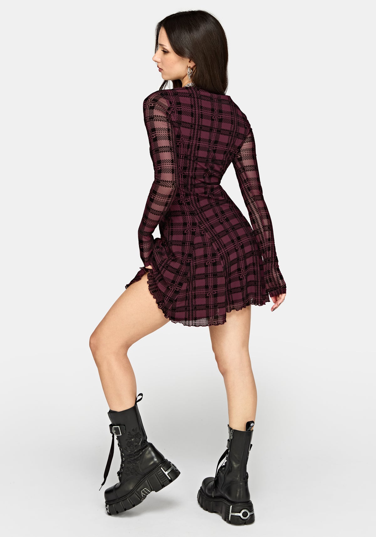 Vesica Flocked Witches Knot Godet Mini Dress - Burgundy