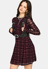 Vesica Flocked Witches Knot Godet Mini Dress - Burgundy