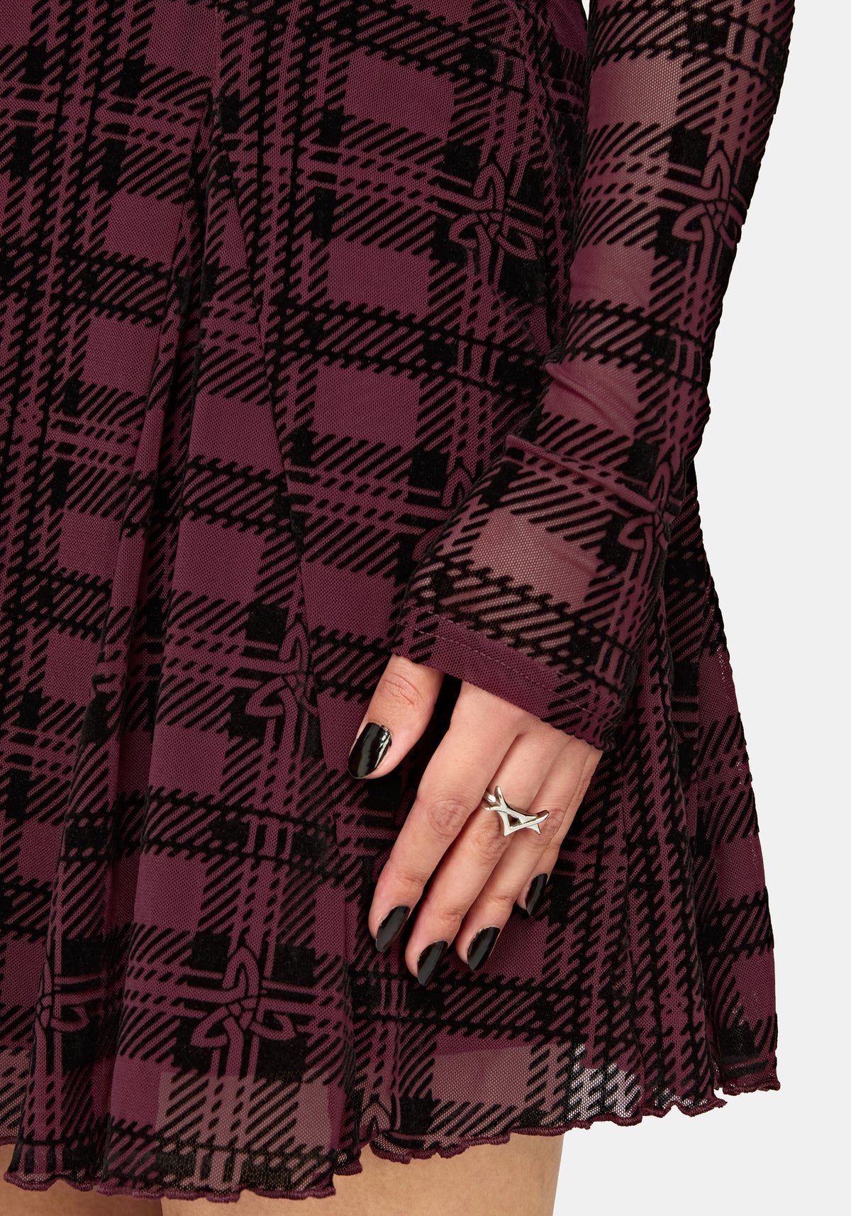 Vesica Flocked Witches Knot Godet Mini Dress - Burgundy