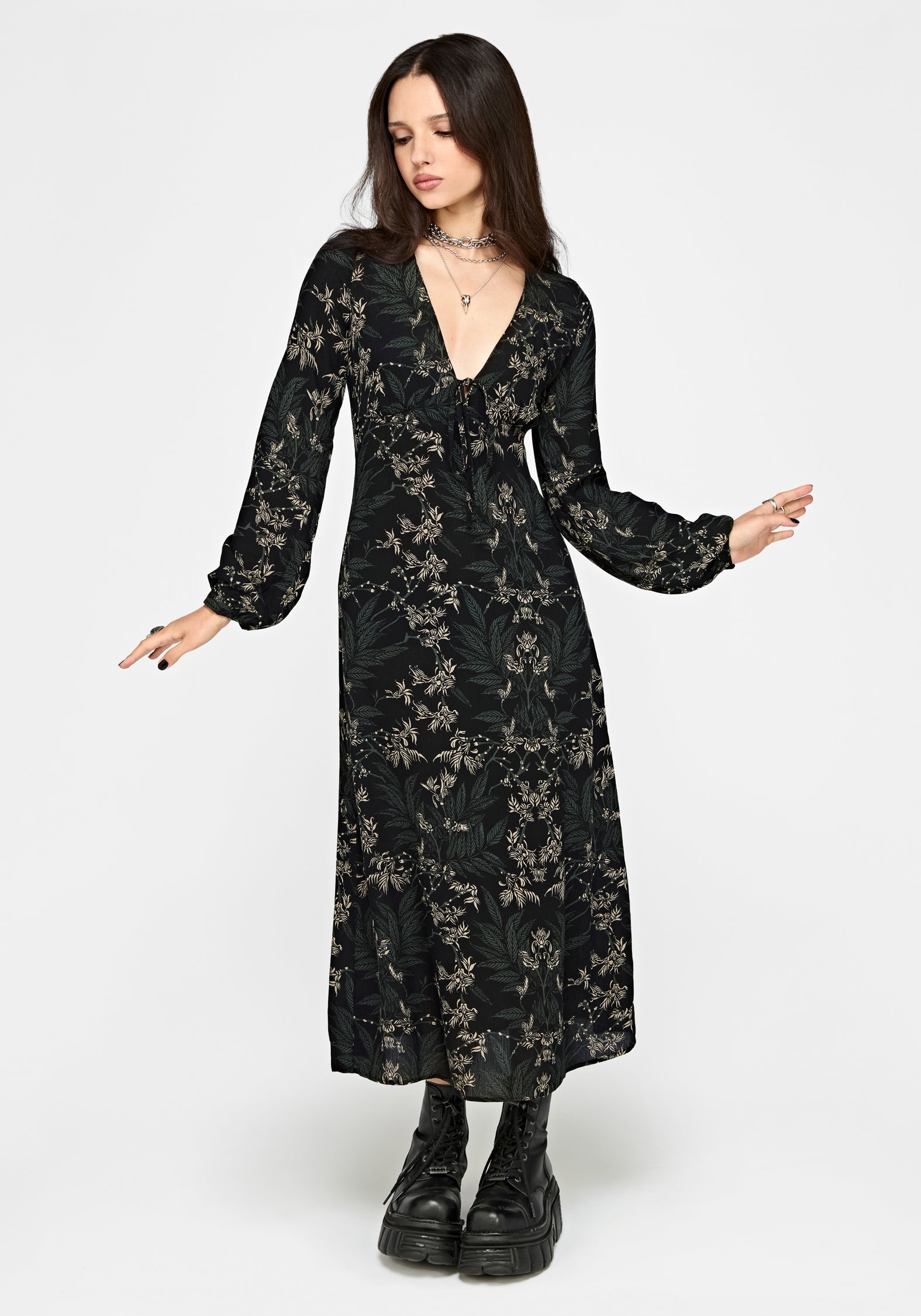 Azolla Fern Crinkle Long Sleeve Midi Dress