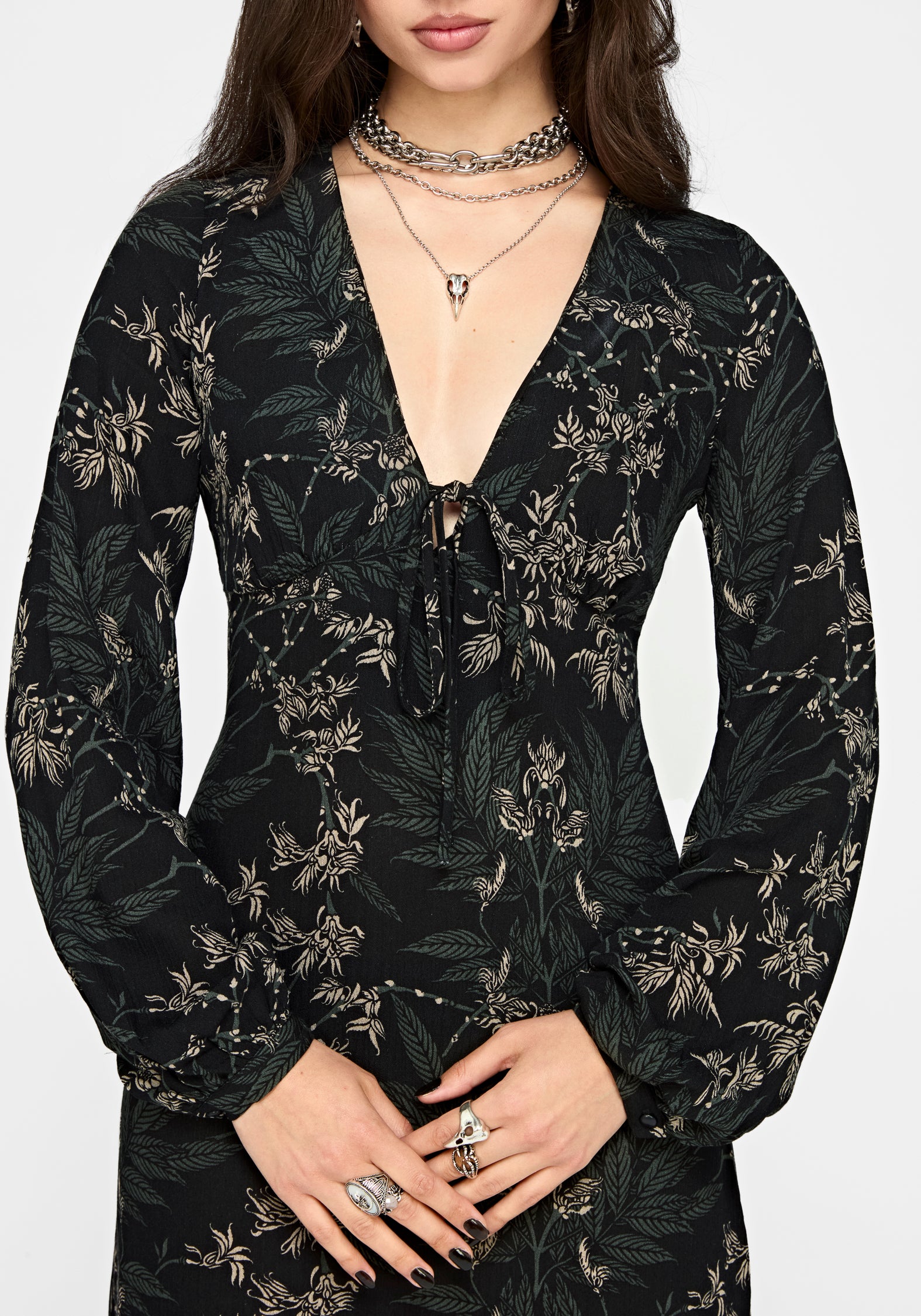 Azolla Fern Crinkle Long Sleeve Midi Dress