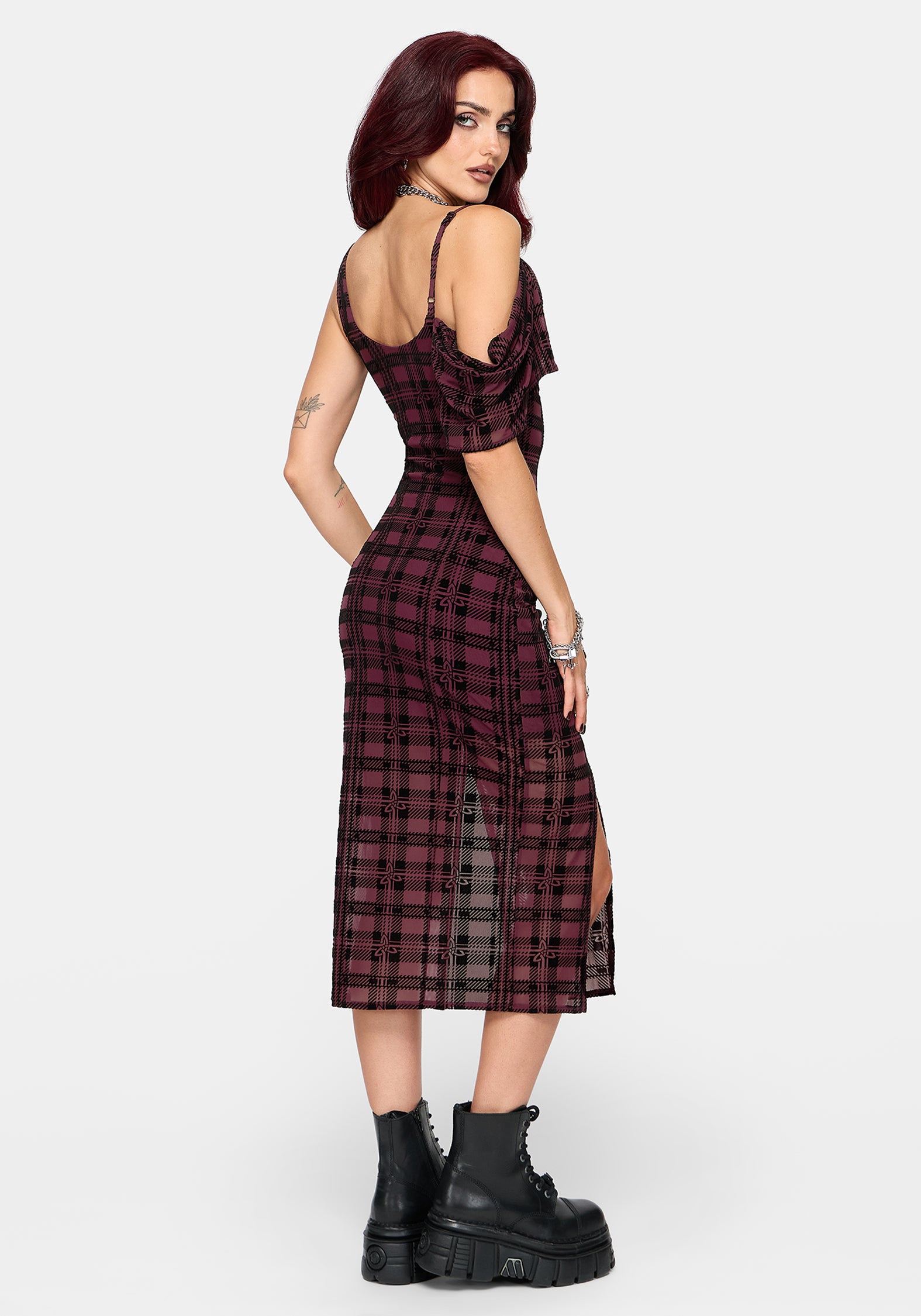 Vesica Flocked Witches Knot Midi Dress - Burgundy
