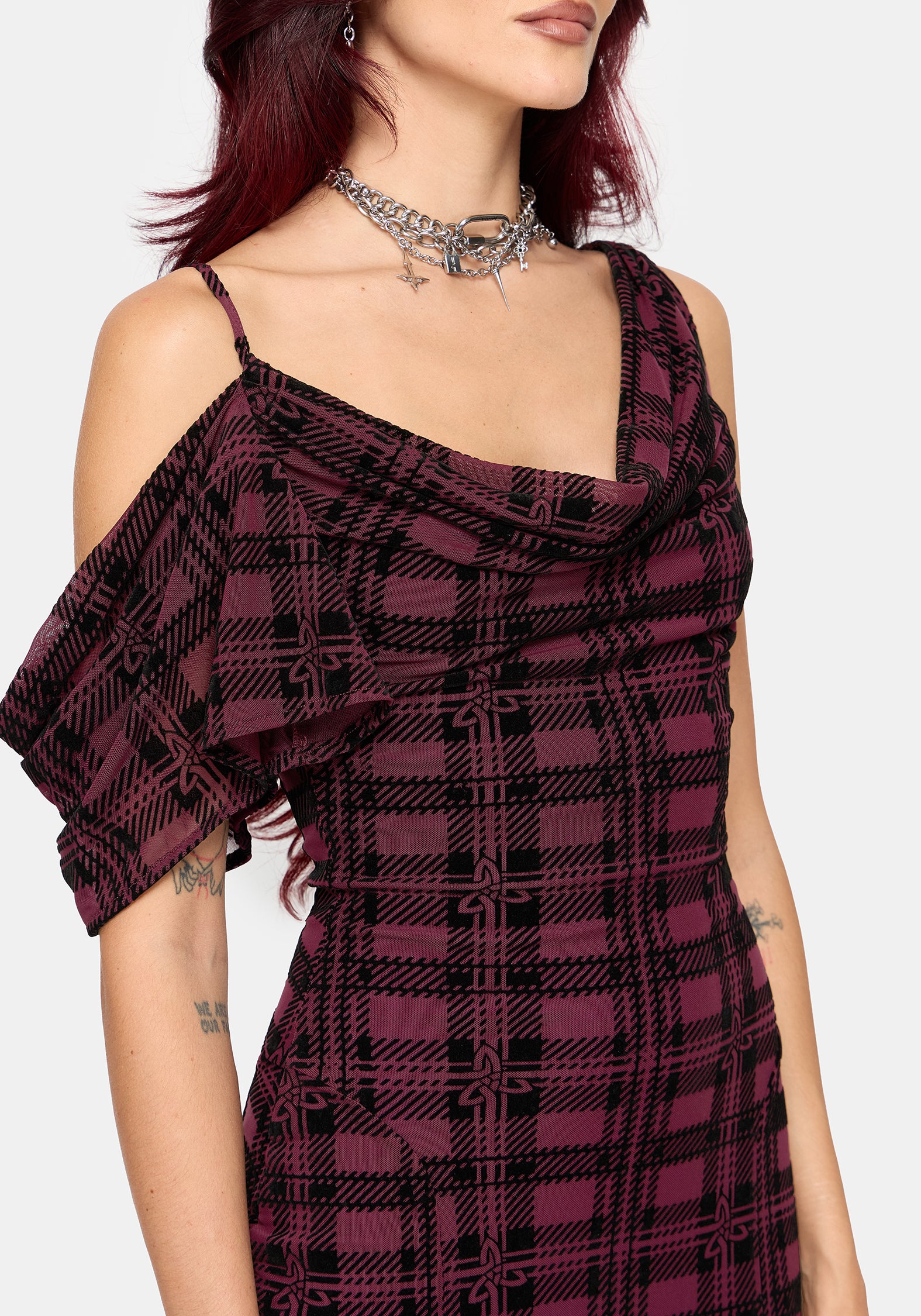 Vesica Flocked Witches Knot Midi Dress - Burgundy