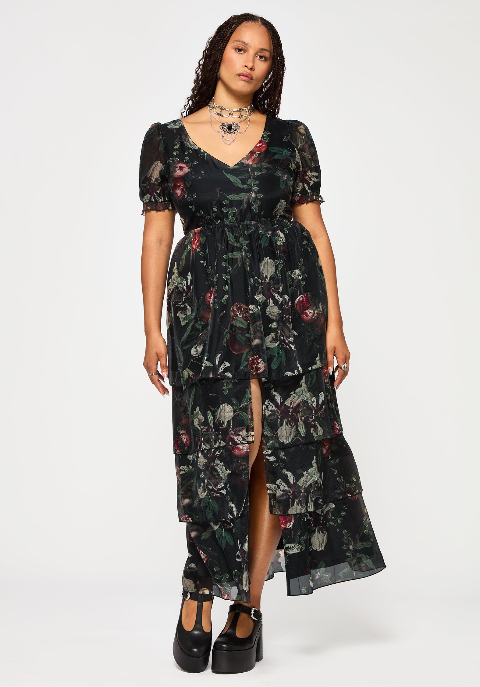Anara Fruit Print Tiered Gown