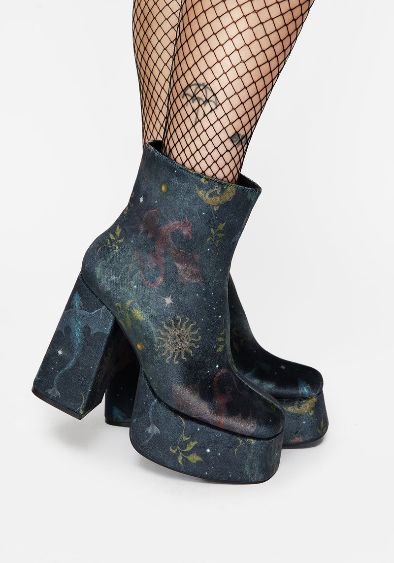 Phoenix Dragon Velvet Platform Boots