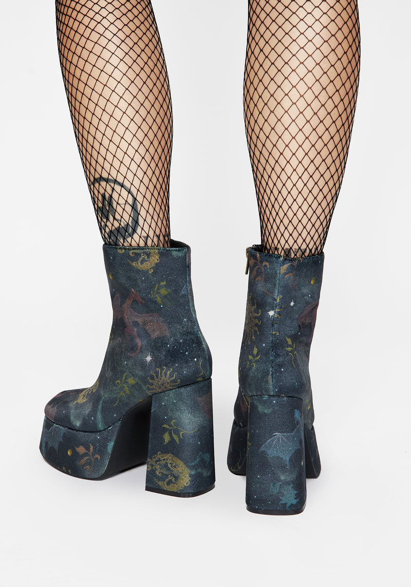 Phoenix Dragon Velvet Platform Boots